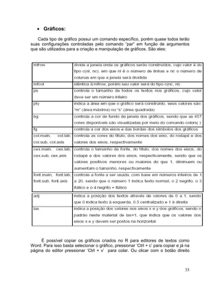 • Gráficos:
   Cada tipo de gráfico possui um comando específico, porém quase todos terão
suas configurações controladas pelo comando “par” em função de argumentos
que são utilizados para a criação e manipulação de gráficos. São eles:




     É possível copiar os gráficos criados no R para editores de textos como
Word. Para isso basta selecionar o gráfico, pressionar ‘Ctrl + c’ para copiar e já na
página do editor pressionar ‘Ctrl + v’ para colar. Ou clicar com o botão direito



                                                                                  35
 