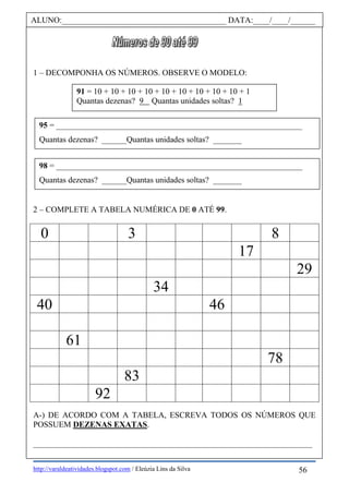 http://varaldeatividades.blogspot.com / Eleúzia Lins da Silva
1 – DECOMPONHA OS NÚMEROS. OBSERVE O MODELO:
2 – COMPLETE A TABELA NUMÉRICA DE 0 ATÉ 99.
0 3 8
17
29
34
40 46
61
78
83
92
A-) DE ACORDO COM A TABELA, ESCREVA TODOS OS NÚMEROS QUE
POSSUEM DEZENAS EXATAS.
____________________________________________________________________
ALUNO:________________________________________ DATA:____/____/______
91 = 10 + 10 + 10 + 10 + 10 + 10 + 10 + 10 + 10 + 1
Quantas dezenas? 9 Quantas unidades soltas? 1
95 = ____________________________________________________________
Quantas dezenas? ______Quantas unidades soltas? _______
98 = ____________________________________________________________
Quantas dezenas? ______Quantas unidades soltas? _______
56
 