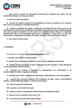 www.cers.com.br
CURSO COMPLETO TRIBUNAIS
Direito Processual Civil
André Mota
15
I - pela morte ou perda da capacidade processual de qualquer das partes, de seu
representante legal ou de seu procurador
II - pela convenção das partes
III - quando for oposta exceção de incompetência do juízo, da câmara ou do tribunal,
bem como de suspeição ou impedimento do juiz;
IV - quando a sentença de mérito: a) depender do julgamento de outra causa, ou da
declaração da existência ou inexistência da relação jurídica, que constitua o objeto principal
de outro processo pendente; b) não puder ser proferida senão depois de verificado
determinado fato, ou de produzida certa prova, requisitada a outro juízo; c) tiver por
pressuposto o julgamento de questão de estado, requerido como declaração incidente:
V - por motivo de força maior
3. EXTINÇÃO
A) Extingue-se o processo, sem resolução de mérito quando:
I - quando o juiz indeferir a petição inicial
Il - quando ficar parado durante mais de 1 (um) ano por negligência das partes
III - quando, por não promover os atos e diligências que Ihe competir, o autor abandonar
a causa por mais de 30 (trinta) dias
IV - quando se verificar a ausência de pressupostos de constituição e de
desenvolvimento válido e regular do processo;
V - quando o juiz acolher a alegação de perempção, litispendência ou de coisa julgada;
Vl - quando não concorrer qualquer das condições da ação, como a possibilidade
jurídica, a legitimidade das partes e o interesse processual;
Vll - pela convenção de arbitragem;
Vlll - quando o autor desistir da ação:
IX - quando a ação for considerada intransmissível por disposição legal;
X - quando ocorrer confusão entre autor e réu;
XI - nos demais casos prescritos neste Código.
 