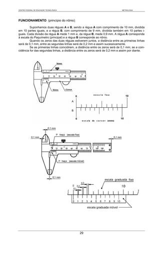 CENTRO FEDERAL DE EDUCAÇÃO TECNOLÓGICA                                          METROLOGIA




FUNCIONAMENTO (princípio do nônio)

         Suponhamos duas réguas A e B, sendo a régua A com comprimento de 10 mm, dividida
em 10 partes iguais, e a régua B, com comprimento de 9 mm, dividida também em 10 partes i-
guais. Cada divisão da régua A mede 1 mm e, da régua B, mede 0,9 mm. A régua A corresponde
à escala do Paquímetro (principal) e a régua B corresponde ao nônio.
         Quando os zeros das duas réguas estiverem juntos, a distância entre as primeiras linhas
será de 0,1 mm, entre as segundas linhas será de 0,2 mm e assim sucessivamente.
         Se as primeiras linhas coincidirem, a distância entre os zeros será de 0,1 mm; se a coin-
cidência for das segundas linhas, a distância entre os zeros será de 0,2 mm e assim por diante.




                                         A


                                         B




                                               29
 