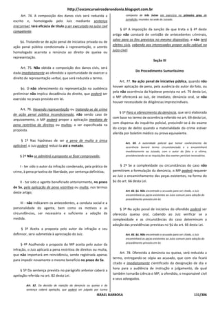 http://osconcurseirosderondonia.blogspot.com.br
     Art. 74. A composição dos danos civis será reduzida a                     composta de três Juízes em exercício no primeiro grau de
                                                                               jurisdição, reunidos na sede do Juizado.
escrito e, homologada pelo Juiz mediante sentença
irrecorrível, terá eficácia de título a ser executado no juízo civil
                                                                            § 6º A imposição da sanção de que trata o § 4º deste
competente.
                                                                       artigo não constará de certidão de antecedentes criminais,
                                                                       salvo para os fins previstos no mesmo dispositivo, e não terá
    §ú. Tratando-se de ação penal de iniciativa privada ou de
                                                                       efeitos civis, cabendo aos interessados propor ação cabível no
ação penal pública condicionada à representação, o acordo
                                                                       juízo cível.
homologado acarreta a renúncia ao direito de queixa ou
representação.
                                                                                                     Seção III
     Art. 75. Não obtida a composição dos danos civis, será
                                                                                      Do Procedimento Sumariíssimo
dada imediatamente ao ofendido a oportunidade de exercer o
direito de representação verbal, que será reduzida a termo.
                                                                            Art. 77. Na ação penal de iniciativa pública, quando não
                                                                       houver aplicação de pena, pela ausência do autor do fato, ou
     §ú. O não oferecimento da representação na audiência
                                                                       pela não ocorrência da hipótese prevista no art. 76 desta Lei,
preliminar não implica decadência do direito, que poderá ser
                                                                       o MP oferecerá ao Juiz, de imediato, denúncia oral, se não
exercido no prazo previsto em lei.
                                                                       houver necessidade de diligências imprescindíveis.
    Art. 76. Havendo representação ou tratando-se de crime
                                                                            § 1º Para o oferecimento da denúncia, que será elaborada
de ação penal pública incondicionada, não sendo caso de
                                                                       com base no termo de ocorrência referido no art. 69 desta Lei,
arquivamento, o MP poderá propor a aplicação imediata de
                                                                       com dispensa do inquérito policial, prescindir-se-á do exame
pena restritiva de direitos ou multas, a ser especificada na
                                                                       do corpo de delito quando a materialidade do crime estiver
proposta.
                                                                       aferida por boletim médico ou prova equivalente.
     § 1º Nas hipóteses de ser a pena de multa a única
                                                                               Art. 69. A autoridade policial que tomar conhecimento da
aplicável, o Juiz poderá reduzi-la até a metade.                               ocorrência lavrará termo circunstanciado e o encaminhará
                                                                               imediatamente ao Juizado, com o autor do fato e a vítima,
    § 2º Não se admitirá a proposta se ficar comprovado:                       providenciando-se as requisições dos exames periciais necessários.


    I - ter sido o autor da infração condenado, pela prática de             § 2º Se a complexidade ou circunstâncias do caso não
crime, à pena privativa de liberdade, por sentença definitiva;         permitirem a formulação da denúncia, o MP poderá requerer
                                                                       ao Juiz o encaminhamento das peças existentes, na forma do
    II - ter sido o agente beneficiado anteriormente, no prazo         §ú do art. 66 desta Lei.
de 5a, pela aplicação de pena restritiva ou multa, nos termos
                                                                               Art. 66. §ú. Não encontrado o acusado para ser citado, o Juiz
deste artigo;
                                                                               encaminhará as peças existentes ao Juízo comum para adoção do
                                                                               procedimento previsto em lei.
     III - não indicarem os antecedentes, a conduta social e a
personalidade do agente, bem como os motivos e as                           § 3º Na ação penal de iniciativa do ofendido poderá ser
circunstâncias, ser necessária e suficiente a adoção da                oferecida queixa oral, cabendo ao Juiz verificar se a
medida.                                                                complexidade e as circunstâncias do caso determinam a
                                                                       adoção das providências previstas no §ú do art. 66 desta Lei.
     § 3º Aceita a proposta pelo autor da infração e seu
defensor, será submetida à apreciação do Juiz.                                 Art. 66. §ú. Não encontrado o acusado para ser citado, o Juiz
                                                                               encaminhará as peças existentes ao Juízo comum para adoção do
                                                                               procedimento previsto em lei.
     § 4º Acolhendo a proposta do MP aceita pelo autor da
infração, o Juiz aplicará a pena restritiva de direitos ou multa,
                                                                            Art. 78. Oferecida a denúncia ou queixa, será reduzida a
que não importará em reincidência, sendo registrada apenas
                                                                       termo, entregando-se cópia ao acusado, que com ela ficará
para impedir novamente o mesmo benefício no prazo de 5a.
                                                                       citado e imediatamente cientificado da designação de dia e
                                                                       hora para a audiência de instrução e julgamento, da qual
    § 5º Da sentença prevista no parágrafo anterior caberá a
                                                                       também tomarão ciência o MP, o ofendido, o responsável civil
apelação referida no art. 82 desta Lei.
                                                                       e seus advogados.
         Art. 82. Da decisão de rejeição da denúncia ou queixa e da
         sentença caberá apelação, que poderá ser julgada por turma
                                                            ISRAEL BARBOSA                                                            131/306
 