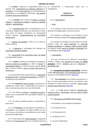 TRIBUNAL DE JUSTIÇA
      II - é vedada a criação de + 1 organização sindical, em      de promover-lhes          o   entendimento   direto     com   os
qualquer grau, representativa de categoria profissional ou         empregadores.
econômica, na mesma base territorial, que será definida pelos
trabalhadores ou empregadores interessados, não podendo                                    CAPÍTULO III
ser inferior à área de um Município;                                                    DA NACIONALIDADE

     III - ao sindicato cabe a defesa dos direitos e interesses        Art. 12. São brasileiros:
coletivos ou individuais da categoria, inclusive em questões
judiciais ou administrativas;                                          I - natos:

      IV - a assembléia geral fixará a contribuição que, em se         a) os nascidos na RFB, ainda que de pais estrangeiros,
tratando de categoria profissional, será descontada em folha,      desde que estes não estejam a serviço de seu país;
para custeio do sistema confederativo da representação
sindical respectiva, independentemente da contribuição                  b) os nascidos no estrangeiro, de pai brasileiro ou mãe
prevista em lei;                                                   brasileira, desde que qualquer deles esteja a serviço da RFB;

      V - ninguém será obrigado a filiar-se ou a manter-se              c) os nascidos no estrangeiro de pai brasileiro ou de mãe
filiado a sindicato;                                               brasileira, desde que sejam registrados em repartição
                                                                   brasileira competente ou venham a residir na RFB e optem,
    VI - é obrigatória a participação dos sindicatos nas           em qualquer tempo, depois de atingida a maioridade, pela
negociações coletivas de trabalho;                                 nacionalidade brasileira; REC 54/07

    VII - o aposentado filiado tem direito a votar e ser votado        II - naturalizados:
nas organizações sindicais;
                                                                        a) os que, na forma da lei, adquiram a nacionalidade
     VIII - é vedada a dispensa do empregado sindicalizado a       brasileira, exigidas aos originários de países de língua
partir do registro da candidatura a cargo de direção ou            portuguesa apenas residência por 1a ininterrupto e
representação sindical e, se eleito, ainda que suplente, até 1a    idoneidade moral;
após o final do mandato, salvo se cometer falta grave nos
termos da lei.                                                         b) os estrangeiros de qualquer nacionalidade, residentes
                                                                   na RFB +15a ininterruptos e sem condenação penal, desde que
     §Ú. As disposições deste artigo aplicam-se à organização      requeiram a nacionalidade brasileira. RECR 3/94
de sindicatos rurais e de colônias de pescadores, atendidas as
condições que a lei estabelecer.                                        § 1º Aos portugueses com residência permanente no
                                                                   País, se houver reciprocidade em favor de brasileiros, serão
    Art. 9º É assegurado o direito de greve, competindo aos        atribuídos os direitos inerentes ao brasileiro, salvo os casos
trabalhadores decidir sobre a oportunidade de exercê-lo e          previstos nesta Constituição. RECR 3/94
sobre os interesses que devam por meio dele defender.
                                                                         § 2º - A lei não poderá estabelecer distinção entre
    § 1º - A lei definirá os serviços ou atividades essenciais e   brasileiros natos e naturalizados, salvo nos casos previstos
disporá sobre o atendimento das necessidades inadiáveis da         nesta Constituição.
comunidade.
                                                                       § 3º - São privativos de brasileiro nato os cargos:
    § 2º - Os abusos cometidos sujeitam os responsáveis às
penas da lei.                                                          I - de Presidente e Vice-Presidente da República;

     Art. 10. É assegurada a participação dos trabalhadores e          II - de Presidente da C.D;
empregadores nos colegiados dos órgãos públicos em que
seus interesses profissionais ou previdenciários sejam objeto          III - de Presidente do S.F;
de discussão e deliberação.
                                                                       IV - de Ministro do STF;
     Art. 11. Nas empresas de +200 empregados, é assegurada
a eleição de 1 representante destes com a finalidade exclusiva         V - da carreira diplomática;

                                                       ALISSON FIDELIS                                                       14/306
 
