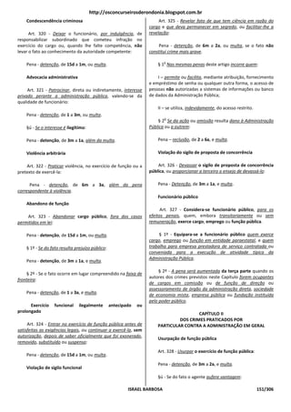 http://osconcurseirosderondonia.blogspot.com.br
    Condescendência criminosa                                            Art. 325 - Revelar fato de que tem ciência em razão do
                                                                    cargo e que deva permanecer em segredo, ou facilitar-lhe a
      Art. 320 - Deixar o funcionário, por indulgência, de          revelação:
responsabilizar subordinado que cometeu infração no
exercício do cargo ou, quando lhe falte competência, não                Pena - detenção, de 6m a 2a, ou multa, se o fato não
levar o fato ao conhecimento da autoridade competente:              constitui crime mais grave.

                                                                           o
    Pena - detenção, de 15d a 1m, ou multa.                             § 1 Nas mesmas penas deste artigo incorre quem:

    Advocacia administrativa                                            I – permite ou facilita, mediante atribuição, fornecimento
                                                                    e empréstimo de senha ou qualquer outra forma, o acesso de
     Art. 321 - Patrocinar, direta ou indiretamente, interesse      pessoas não autorizadas a sistemas de informações ou banco
privado perante a administração pública, valendo-se da              de dados da Administração Pública;
qualidade de funcionário:
                                                                        II – se utiliza, indevidamente, do acesso restrito.
    Pena - detenção, de 1 a 3m, ou multa.
                                                                           o
                                                                        § 2 Se da ação ou omissão resulta dano à Administração
    §ú - Se o interesse é ilegítimo:                                Pública ou a outrem:

    Pena - detenção, de 3m a 1a, além da multa.                         Pena – reclusão, de 2 a 6a, e multa.

    Violência arbitrária                                                Violação do sigilo de proposta de concorrência

    Art. 322 - Praticar violência, no exercício de função ou a          Art. 326 - Devassar o sigilo de proposta de concorrência
pretexto de exercê-la:                                              pública, ou proporcionar a terceiro o ensejo de devassá-lo:

      Pena - detenção, de 6m a 3a, além da pena                         Pena - Detenção, de 3m a 1a, e multa.
correspondente à violência.
                                                                        Funcionário público
    Abandono de função
                                                                          Art. 327 - Considera-se funcionário público, para os
    Art. 323 - Abandonar cargo público, fora dos casos              efeitos penais, quem, embora transitoriamente ou sem
permitidos em lei:                                                  remuneração, exerce cargo, emprego ou função pública.

    Pena - detenção, de 15d a 1m, ou multa.                              § 1º - Equipara-se a funcionário público quem exerce
                                                                    cargo, emprego ou função em entidade paraestatal, e quem
    § 1º - Se do fato resulta prejuízo público:                     trabalha para empresa prestadora de serviço contratada ou
                                                                    conveniada para a execução de atividade típica da
                                                                    Administração Pública.
    Pena - detenção, de 3m a 1a, e multa.

                                                                         § 2º - A pena será aumentada da terça parte quando os
    § 2º - Se o fato ocorre em lugar compreendido na faixa de
                                                                    autores dos crimes previstos neste Capítulo forem ocupantes
fronteira:
                                                                    de cargos em comissão ou de função de direção ou
                                                                    assessoramento de órgão da administração direta, sociedade
    Pena - detenção, de 1 a 3a, e multa.
                                                                    de economia mista, empresa pública ou fundação instituída
                                                                    pelo poder público.
      Exercício    funcional    ilegalmente       antecipado   ou
prolongado
                                                                                         CAPÍTULO II
                                                                                 DOS CRIMES PRATICADOS POR
     Art. 324 - Entrar no exercício de função pública antes de          PARTICULAR CONTRA A ADMINISTRAÇÃO EM GERAL
satisfeitas as exigências legais, ou continuar a exercê-la, sem
autorização, depois de saber oficialmente que foi exonerado,
                                                                        Usurpação de função pública
removido, substituído ou suspenso:
                                                                        Art. 328 - Usurpar o exercício de função pública:
    Pena - detenção, de 15d a 1m, ou multa.
                                                                        Pena - detenção, de 3m a 2a, e multa.
    Violação de sigilo funcional
                                                                        §ú - Se do fato o agente aufere vantagem:

                                                          ISRAEL BARBOSA                                                      151/306
 