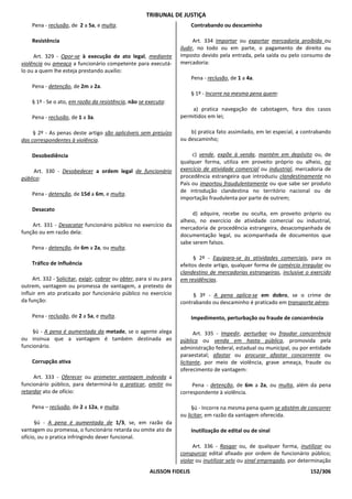TRIBUNAL DE JUSTIÇA
    Pena - reclusão, de 2 a 5a, e multa.                                   Contrabando ou descaminho

    Resistência                                                             Art. 334 Importar ou exportar mercadoria proibida ou
                                                                      iludir, no todo ou em parte, o pagamento de direito ou
     Art. 329 - Opor-se à execução de ato legal, mediante             imposto devido pela entrada, pela saída ou pelo consumo de
violência ou ameaça a funcionário competente para executá-            mercadoria:
lo ou a quem lhe esteja prestando auxílio:
                                                                           Pena - reclusão, de 1 a 4a.
    Pena - detenção, de 2m a 2a.
                                                                           § 1º - Incorre na mesma pena quem:
    § 1º - Se o ato, em razão da resistência, não se executa:
                                                                          a) pratica navegação de cabotagem, fora dos casos
    Pena - reclusão, de 1 a 3a.                                       permitidos em lei;

     § 2º - As penas deste artigo são aplicáveis sem prejuízo             b) pratica fato assimilado, em lei especial, a contrabando
das correspondentes à violência.                                      ou descaminho;

    Desobediência                                                          c) vende, expõe à venda, mantém em depósito ou, de
                                                                      qualquer forma, utiliza em proveito próprio ou alheio, no
     Art. 330 - Desobedecer a ordem legal de funcionário              exercício de atividade comercial ou industrial, mercadoria de
público:                                                              procedência estrangeira que introduziu clandestinamente no
                                                                      País ou importou fraudulentamente ou que sabe ser produto
                                                                      de introdução clandestina no território nacional ou de
    Pena - detenção, de 15d a 6m, e multa.
                                                                      importação fraudulenta por parte de outrem;
    Desacato
                                                                           d) adquire, recebe ou oculta, em proveito próprio ou
                                                                      alheio, no exercício de atividade comercial ou industrial,
    Art. 331 - Desacatar funcionário público no exercício da
                                                                      mercadoria de procedência estrangeira, desacompanhada de
função ou em razão dela:
                                                                      documentação legal, ou acompanhada de documentos que
                                                                      sabe serem falsos.
    Pena - detenção, de 6m a 2a, ou multa.
                                                                            § 2º - Equipara-se às atividades comerciais, para os
    Tráfico de Influência                                             efeitos deste artigo, qualquer forma de comércio irregular ou
                                                                      clandestino de mercadorias estrangeiras, inclusive o exercido
     Art. 332 - Solicitar, exigir, cobrar ou obter, para si ou para   em residências.
outrem, vantagem ou promessa de vantagem, a pretexto de
influir em ato praticado por funcionário público no exercício              § 3º - A pena aplica-se em dobro, se o crime de
da função:                                                            contrabando ou descaminho é praticado em transporte aéreo.

    Pena - reclusão, de 2 a 5a, e multa.                                   Impedimento, perturbação ou fraude de concorrência

     §ú - A pena é aumentada da metade, se o agente alega                   Art. 335 - Impedir, perturbar ou fraudar concorrência
ou insinua que a vantagem é também destinada ao                       pública ou venda em hasta pública, promovida pela
funcionário.                                                          administração federal, estadual ou municipal, ou por entidade
                                                                      paraestatal; afastar ou procurar afastar concorrente ou
    Corrupção ativa                                                   licitante, por meio de violência, grave ameaça, fraude ou
                                                                      oferecimento de vantagem:
     Art. 333 - Oferecer ou prometer vantagem indevida a
funcionário público, para determiná-lo a praticar, omitir ou               Pena - detenção, de 6m a 2a, ou multa, além da pena
retardar ato de ofício:                                               correspondente à violência.

    Pena – reclusão, de 2 a 12a, e multa.                                  §ú - Incorre na mesma pena quem se abstém de concorrer
                                                                      ou licitar, em razão da vantagem oferecida.
      §ú - A pena é aumentada de 1/3, se, em razão da
vantagem ou promessa, o funcionário retarda ou omite ato de                Inutilização de edital ou de sinal
ofício, ou o pratica infringindo dever funcional.
                                                                           Art. 336 - Rasgar ou, de qualquer forma, inutilizar ou
                                                                      conspurcar edital afixado por ordem de funcionário público;
                                                                      violar ou inutilizar selo ou sinal empregado, por determinação
                                                         ALISSON FIDELIS                                                   152/306
 