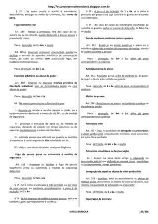 http://osconcurseirosderondonia.blogspot.com.br
      § 2º - Se quem presta o auxílio é ascendente,                    § 3º - A pena é de reclusão, de 1 a 4a, se o crime é
descendente, cônjuge ou irmão do criminoso, fica isento de        praticado por pessoa sob cuja custódia ou guarda está o preso
pena.                                                             ou o internado.

    Favorecimento real                                                 § 4º - No caso de culpa do funcionário incumbido da
                                                                  custódia ou guarda, aplica-se a pena de detenção, de 3m a 1a,
     Art. 349 - Prestar a criminoso, fora dos casos de co-        ou multa.
autoria ou de receptação, auxílio destinado a tornar seguro o
proveito do crime:                                                    Evasão mediante violência contra a pessoa

    Pena - detenção, de 1 a 6m, e multa.                               Art. 352 - Evadir-se ou tentar evadir-se o preso ou o
                                                                  indivíduo submetido a medida de segurança detentiva, usando
      Art. 349-A. Ingressar, promover, intermediar, auxiliar ou   de violência contra a pessoa:
facilitar a entrada de aparelho telefônico de comunicação
móvel, de rádio ou similar, sem autorização legal, em                   Pena - detenção, de 3m a 1a, além da pena
estabelecimento prisional. .                                      correspondente à violência.

    Pena: detenção, de 3m a 1a.                                       Arrebatamento de preso

    Exercício arbitrário ou abuso de poder                            Art. 353 - Arrebatar preso, a fim de maltratá-lo, do poder
                                                                  de quem o tenha sob custódia ou guarda:
     Art. 350 - Ordenar ou executar medida privativa de
liberdade individual, sem as formalidades legais ou com                Pena - reclusão, de 1 a 4a, além da pena correspondente à
abuso de poder:                                                   violência.

    Pena - detenção, de 1m a 1a.                                      Motim de presos

    §ú - Na mesma pena incorre o funcionário que:                      Art. 354 - Amotinarem-se presos, perturbando a ordem ou
                                                                  disciplina da prisão:
     I - ilegalmente recebe e recolhe alguém a prisão, ou a
estabelecimento destinado a execução de PPL ou de medida                Pena - detenção, de 6m a 2a, além da pena
de segurança;                                                     correspondente à violência.

     II - prolonga a execução de pena ou de medida de                 Patrocínio infiel
segurança, deixando de expedir em tempo oportuno ou de
executar imediatamente a ordem de liberdade;                          Art. 355 - Trair, na qualidade de advogado ou procurador,
                                                                  o dever profissional, prejudicando interesse, cujo patrocínio,
     III - submete pessoa que está sob sua guarda ou custódia     em juízo, lhe é confiado:
a vexame ou a constrangimento não autorizado em lei;
                                                                      Pena - detenção, de 6m a 3a, e multa.
    IV - efetua, com abuso de poder, qualquer diligência.
                                                                      Patrocínio simultâneo ou tergiversação
     Fuga de pessoa presa ou submetida a medida de
segurança                                                              §ú - Incorre na pena deste artigo o advogado ou
                                                                  procurador judicial que defende na mesma causa, simultânea
     Art. 351 - Promover ou facilitar a fuga de pessoa            ou sucessivamente, partes contrárias.
legalmente presa ou submetida a medida de segurança
detentiva:                                                            Sonegação de papel ou objeto de valor probatório

    Pena - detenção, de 6m a 2a.                                        Art. 356 - Inutilizar, total ou parcialmente, ou deixar de
                                                                  restituir autos, documento ou objeto de valor probatório, que
     § 1º - Se o crime é praticado a mão armada, ou por mais      recebeu na qualidade de advogado ou procurador:
de uma pessoa, ou mediante arrombamento, a pena é de
reclusão, de 2 a 6a.                                                  Pena - detenção, de 6 a 3a, e multa.

   § 2º - Se há emprego de violência contra pessoa, aplica-se         Exploração de prestígio
também a pena correspondente à violência.


                                                       ISRAEL BARBOSA                                                    155/306
 