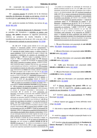 TRIBUNAL DE JUSTIÇA
     XII - cooperação das associações representativas no                                  - do produto da arrecadação da contribuição de intervenção no
                                                                                          domínio econômico prevista no art. 177, § 4º, 29% para os E/D.F,
planejamento municipal; REC 1/92
                                                                                          distribuídos na forma da lei, observada a destinação a que se refere o
                                                                                          inciso II, c, do referido parágrafo. [Art. 177. Constituem monopólio da
    XIII - iniciativa popular de projetos de lei de interesse                             União: § 4º A lei que instituir contribuição de intervenção no domínio
específico do Município, da cidade ou de bairros, através de                              econômico relativa às atividades de importação ou comercialização
                                                                                          de petróleo e seus derivados, gás natural e seus derivados e álcool
manifestação de, pelo menos, 5% do eleitorado; REC 1/92
                                                                                          combustível deverá atender aos seguintes requisitos: I - a alíquota da
                                                                                          contribuição poderá ser: a) diferenciada por produto ou uso;
     XIV - perda do mandato do Prefeito, nos termos do art.                               b)reduzida e restabelecida por ato do P.E, não se lhe aplicando o
28, §Ú. REC 1/92                                                                          disposto no art. 150,III, b; [Art. 150. Sem prejuízo de outras garantias
                                                                                          asseguradas ao contribuinte, é vedado à U/E/D.F/M: III - cobrar
                                                                                          tributos: b) no mesmo exercício financeiro em que haja sido
     Art. 29-A. O total da despesa do P.L Municipal, incluídos                            publicada a lei que os instituiu ou aumentou;] II - os recursos
os subsídios dos Vereadores e excluídos os gastos com                                     arrecadados serão destinados: a) ao pagamento de subsídios a
inativos, não poderá ultrapassar os seguintes percentuais,                                preços ou transporte de álcool combustível, gás natural e seus
                                                                                          derivados e derivados de petróleo; b) ao financiamento de projetos
relativos ao somatório da receita tributária e das
                                                                                          ambientais relacionados com a indústria do petróleo e do gás; c) ao
transferências previstas no § 5o do art. 153 e nos arts. 158 e                            financiamento de programas de infra-estrutura de transportes.]
159, efetivamente realizado no exercício anterior: IEC 25/00
                                                                                           I - 7% para Municípios com população de até 100.000
          Art. 153. § 5º - O ouro, quando definido em lei como ativo
                                                                                    habits; REC 58/09 (Produção de efeito)
      financeiro ou instrumento cambial, sujeita-se exclusivamente à
      incidência do imposto de que trata o inciso V do "caput" deste artigo
      [ V - operações de crédito, câmbio e seguro, ou relativas a títulos ou              II - 6% para Municípios com população entre 100.000 e
      valores mobiliários;], devido na operação de origem; a alíquota -1%,          300.000 habits; REC 58/09
      assegurada a transferência do montante da arrecadação nos
      seguintes termos: I – 30% para o E/D.F ou o Território, conforme a
      origem; II – 70% para o Município de origem. Art. 158. Pertencem                     III - 5% para Municípios com população entre 300.001
      aos Municípios: I - o produto da arrecadação do imposto da União              e 500.000 habits; REC 58/09
      sobre renda e proventos de qualquer natureza, incidente na fonte,
      sobre rendimentos pagos, a qualquer título, por eles, suas autarquias
                                                                                          IV - 4,5% para Municípios com população entre
      e pelas fundações que instituírem e mantiverem; II – 50% do produto
      da arrecadação do imposto da União sobre a propriedade territorial            500.001 e 3.000.000 de habits; REC 58/09
      rural, relativamente aos imóveis neles situados, cabendo a totalidade
      na hipótese da opção a que se refere o art. 153, § 4º, III; REC 19/03                V - 4% para Municípios com população entre 3.000.001
      [Art. 153. Compete à União instituir impostos sobre: § 4º O imposto
                                                                                    e 8.000.000 de habits; IEC 58/09
      previsto no inciso VI do caput: [VI - propriedade territorial rural;] III -
      será fiscalizado e cobrado pelos Municípios que assim optarem, na
      forma da lei, desde que não implique redução do imposto ou                           VI - 3,5% para Municípios com população acima de
      qualquer outra forma de renúncia fiscal.IEC 42/03 (Regulamento)] III          8.000.001 habits. IEC 58/09
      – 50% do produto da arrecadação do imposto do Estado sobre a
      propriedade de veículos automotores licenciados em seus territórios;                    o
      IV – 25% do produto da arrecadação do imposto do Estado sobre                      § 1 A Câmara Municipal não gastará +70% de sua
      operações relativas à circulação de mercadorias e sobre prestações            receita com folha de pagamento, incluído o gasto com o
      de serviços de transporte interestadual e intermunicipal e de                 subsídio de seus Vereadores. IEC 25/00
      comunicação. §Ú. As parcelas de receita pertencentes aos
      Municípios, mencionadas no inciso IV, serão creditadas conforme os                      o
      seguintes critérios: I – 3/4, no mínimo, na proporção do valor                    § 2 Constitui crime de responsabilidade do Prefeito
      adicionado nas operações relativas à circulação de mercadorias e nas          Municipal: IEC 25/00
      prestações de serviços, realizadas em seus territórios; II - até 1/4, de
      acordo com o que dispuser lei estadual ou, no caso dos Territórios, lei
                                                                                         I - efetuar repasse que supere os limites definidos neste
      federal. Art. 159. A União entregará: I - do produto da arrecadação
      dos impostos sobre renda e proventos de qualquer natureza e sobre             artigo; IEC 25/00
      produtos industrializados 48% na seguinte forma: a) 21,05 ao Fundo
      de Participação dos E/D.F; b) 22,05% ao Fundo de Participação dos                 II - não enviar o repasse até o dia 20 de cada mês; ou IEC
      Municípios; c) 3%, para aplicação em programas de financiamento ao
                                                                                    25/00
      setor produtivo das Regiões Norte, Nordeste e Centro-Oeste, através
      de suas instituições financeiras de caráter regional, de acordo com os
      planos regionais de desenvolvimento, ficando assegurada ao semi-                 III - enviá-lo a menor em relação à proporção fixada na Lei
      árido do Nordeste a metade dos recursos destinados à Região, na               Orçamentária. IEC 25/00
      forma que a lei estabelecer; d) 1% ao Fundo de Participação dos
      Municípios, que será entregue no primeiro decêndio do mês de                        o
      dezembro de cada ano; II - do produto da arrecadação do imposto                  § 3 Constitui crime de responsabilidade do Presidente da
                                                                                                                             o
      sobre produtos industrializados, 10% aos E/D.F, proporcionalmente             Câmara Municipal o desrespeito ao § 1 deste artigo. IEC
      ao valor das respectivas exportações de produtos industrializados. III        25/00

                                                                      ALISSON FIDELIS                                                                   24/306
 