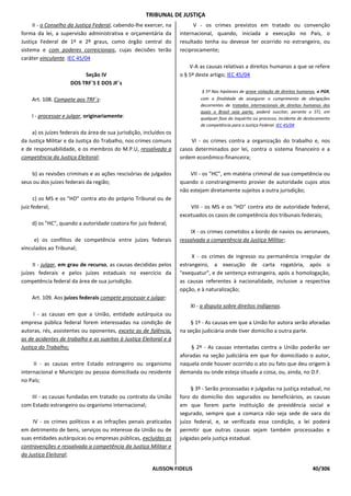 TRIBUNAL DE JUSTIÇA
     II - o Conselho da Justiça Federal, cabendo-lhe exercer, na          V - os crimes previstos em tratado ou convenção
forma da lei, a supervisão administrativa e orçamentária da         internacional, quando, iniciada a execução no País, o
Justiça Federal de 1º e 2º graus, como órgão central do             resultado tenha ou devesse ter ocorrido no estrangeiro, ou
sistema e com poderes correicionais, cujas decisões terão           reciprocamente;
caráter vinculante. IEC 45/04
                                                                        V-A as causas relativas a direitos humanos a que se refere
                          Seção IV                                  o § 5º deste artigo; IEC 45/04
                     DOS TRF`S E DOS JF`s
                                                                             § 5º Nas hipóteses de grave violação de direitos humanos, o PGR,
    Art. 108. Compete aos TRF`s:                                            com a finalidade de assegurar o cumprimento de obrigações
                                                                            decorrentes de tratados internacionais de direitos humanos dos
                                                                            quais o Brasil seja parte, poderá suscitar, perante o STJ, em
    I - processar e julgar, originariamente:                                qualquer fase do inquérito ou processo, incidente de deslocamento
                                                                            de competência para a Justiça Federal. IEC 45/04
    a) os juízes federais da área de sua jurisdição, incluídos os
da Justiça Militar e da Justiça do Trabalho, nos crimes comuns          VI - os crimes contra a organização do trabalho e, nos
e de responsabilidade, e os membros do M.P.U, ressalvada a          casos determinados por lei, contra o sistema financeiro e a
competência da Justiça Eleitoral;                                   ordem econômico-financeira;

    b) as revisões criminais e as ações rescisórias de julgados         VII - os "HC", em matéria criminal de sua competência ou
seus ou dos juízes federais da região;                              quando o constrangimento provier de autoridade cujos atos
                                                                    não estejam diretamente sujeitos a outra jurisdição;
      c) os MS e os "HD" contra ato do próprio Tribunal ou de
juiz federal;                                                           VIII - os MS e os "HD" contra ato de autoridade federal,
                                                                    excetuados os casos de competência dos tribunais federais;
    d) os "HC", quando a autoridade coatora for juiz federal;
                                                                         IX - os crimes cometidos a bordo de navios ou aeronaves,
     e) os conflitos de competência entre juízes federais           ressalvada a competência da Justiça Militar;
vinculados ao Tribunal;
                                                                         X - os crimes de ingresso ou permanência irregular de
     II - julgar, em grau de recurso, as causas decididas pelos     estrangeiro, a execução de carta rogatória, após o
juízes federais e pelos juízes estaduais no exercício da            "exequatur", e de sentença estrangeira, após a homologação,
competência federal da área de sua jurisdição.                      as causas referentes à nacionalidade, inclusive a respectiva
                                                                    opção, e à naturalização;
    Art. 109. Aos juízes federais compete processar e julgar:
                                                                        XI - a disputa sobre direitos indígenas.
      I - as causas em que a União, entidade autárquica ou
empresa pública federal forem interessadas na condição de               § 1º - As causas em que a União for autora serão aforadas
autoras, rés, assistentes ou oponentes, exceto as de falência,      na seção judiciária onde tiver domicílio a outra parte.
as de acidentes de trabalho e as sujeitas à Justiça Eleitoral e à
Justiça do Trabalho;                                                     § 2º - As causas intentadas contra a União poderão ser
                                                                    aforadas na seção judiciária em que for domiciliado o autor,
     II - as causas entre Estado estrangeiro ou organismo           naquela onde houver ocorrido o ato ou fato que deu origem à
internacional e Município ou pessoa domiciliada ou residente        demanda ou onde esteja situada a coisa, ou, ainda, no D.F.
no País;
                                                                         § 3º - Serão processadas e julgadas na justiça estadual, no
    III - as causas fundadas em tratado ou contrato da União        foro do domicílio dos segurados ou beneficiários, as causas
com Estado estrangeiro ou organismo internacional;                  em que forem parte instituição de previdência social e
                                                                    segurado, sempre que a comarca não seja sede de vara do
     IV - os crimes políticos e as infrações penais praticadas      juízo federal, e, se verificada essa condição, a lei poderá
em detrimento de bens, serviços ou interesse da União ou de         permitir que outras causas sejam também processadas e
suas entidades autárquicas ou empresas públicas, excluídas as       julgadas pela justiça estadual.
contravenções e ressalvada a competência da Justiça Militar e
da Justiça Eleitoral;

                                                        ALISSON FIDELIS                                                             40/306
 