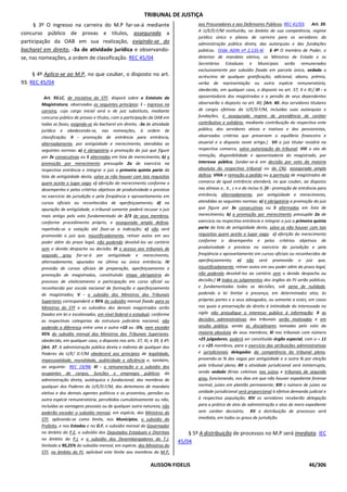 TRIBUNAL DE JUSTIÇA
     § 3º O ingresso na carreira do M.P far-se-á mediante                               aos Procuradores e aos Defensores Públicos; REC 41/03; Art. 39.
                                                                                        A U/E/D.F/M instituirão, no âmbito de sua competência, regime
concurso público de provas e títulos, assegurada a
                                                                                        jurídico único e planos de carreira para os servidores da
participação da OAB em sua realização, exigindo-se do                                   administração pública direta, das autarquias e das fundações
bacharel em direito, -3a de atividade jurídica e observando-                            públicas. (Vide ADIN nº 2.135-4) § 4º O membro de Poder, o
se, nas nomeações, a ordem de classificação. REC 45/04                                  detentor de mandato eletivo, os Ministros de Estado e os
                                                                                        Secretários Estaduais e Municipais serão remunerados
                                                                                        exclusivamente por subsídio fixado em parcela única, vedado o
     § 4º Aplica-se ao M.P, no que couber, o disposto no art.                           acréscimo de qualquer gratificação, adicional, abono, prêmio,
93. REC 45/04                                                                           verba de representação ou outra espécie remuneratória,
                                                                                        obedecido, em qualquer caso, o disposto no art. 37, X e XI;] VI - a
          Art. 93.LC, de iniciativa do STF, disporá sobre o Estatuto da                 aposentadoria dos magistrados e a pensão de seus dependentes
        Magistratura, observados os seguintes princípios: I - ingresso na               observarão o disposto no art. 40; [Art. 40. Aos servidores titulares
        carreira, cujo cargo inicial será o de juiz substituto, mediante                de cargos efetivos da U/E/D.F/M, incluídas suas autarquias e
        concurso público de provas e títulos, com a participação da OAB em              fundações, é assegurado regime de previdência de caráter
        todas as fases, exigindo-se do bacharel em direito, -3a de atividade            contributivo e solidário, mediante contribuição do respectivo ente
        jurídica e obedecendo-se, nas nomeações, à ordem de                             público, dos servidores ativos e inativos e dos pensionistas,
        classificação; II - promoção de entrância para entrância,                       observados critérios que preservem o equilíbrio financeiro e
        alternadamente, por antigüidade e merecimento, atendidas as                     atuarial e o disposto neste artigo.] VII o juiz titular residirá na
        seguintes normas: a) é obrigatória a promoção do juiz que figure                respectiva comarca, salvo autorização do tribunal; VIII o ato de
        por 3x consecutivas ou 5 alternadas em lista de merecimento; b) a               remoção, disponibilidade e aposentadoria do magistrado, por
        promoção por merecimento pressupõe 2a de exercício na                           interesse público, fundar-se-á em decisão por voto da maioria
        respectiva entrância e integrar o juiz a primeira quinta parte da               absoluta do respectivo tribunal ou do CNJ, assegurada ampla
        lista de antigüidade desta, salvo se não houver com tais requisitos             defesa; VIIIA a remoção a pedido ou a permuta de magistrados de
        quem aceite o lugar vago; c) aferição do merecimento conforme o                 comarca de igual entrância atenderá, no que couber, ao disposto
        desempenho e pelos critérios objetivos de produtividade e presteza              nas alíneas a , b , c e e do inciso II; [II - promoção de entrância para
        no exercício da jurisdição e pela freqüência e aproveitamento em                entrância, alternadamente, por antigüidade e merecimento,
        cursos oficiais ou reconhecidos de aperfeiçoamento; d) na                       atendidas as seguintes normas: a) é obrigatória a promoção do juiz
        apuração de antigüidade, o tribunal somente poderá recusar o juiz               que figure por 3x consecutivas ou 5 alternadas em lista de
        mais antigo pelo voto fundamentado de 2/3 de seus membros,                      merecimento; b) a promoção por merecimento pressupõe 2a de
        conforme procedimento próprio, e assegurada ampla defesa,                       exercício na respectiva entrância e integrar o juiz a primeira quinta
        repetindo-se a votação até fixar-se a indicação; e) não será                    parte da lista de antigüidade desta, salvo se não houver com tais
        promovido o juiz que, injustificadamente, retiver autos em seu                  requisitos quem aceite o lugar vago; c) aferição do merecimento
        poder além do prazo legal, não podendo devolvê-los ao cartório                  conforme o desempenho e pelos critérios objetivos de
        sem o devido despacho ou decisão; III o acesso aos tribunais de                 produtividade e presteza no exercício da jurisdição e pela
        segundo grau far-se-á por antigüidade e merecimento,                            freqüência e aproveitamento em cursos oficiais ou reconhecidos de
        alternadamente, apurados na última ou única entrância; IV                       aperfeiçoamento; e) não será promovido o juiz que,
        previsão de cursos oficiais de preparação, aperfeiçoamento e                    injustificadamente, retiver autos em seu poder além do prazo legal,
        promoção de magistrados, constituindo etapa obrigatória do                      não podendo devolvê-los ao cartório sem o devido despacho ou
        processo de vitaliciamento a participação em curso oficial ou                   decisão;] IX todos os julgamentos dos órgãos do PJ serão públicos,
        reconhecido por escola nacional de formação e aperfeiçoamento                   e fundamentadas todas as decisões, sob pena de nulidade,
        de magistrados; V - o subsídio dos Ministros dos Tribunais                      podendo a lei limitar a presença, em determinados atos, às
        Superiores corresponderá a 95% do subsídio mensal fixado para os                próprias partes e a seus advogados, ou somente a estes, em casos
        Ministros do STF e os subsídios dos demais magistrados serão                    nos quais a preservação do direito à intimidade do interessado no
        fixados em lei e escalonados, em nível federal e estadual, conforme             sigilo não prejudique o interesse público à informação; X as
        as respectivas categorias da estrutura judiciária nacional, não                 decisões administrativas dos tribunais serão motivadas e em
        podendo a diferença entre uma e outra +10 ou -5%, nem exceder                   sessão pública, sendo as disciplinares tomadas pelo voto da
        95% do subsídio mensal dos Ministros dos Tribunais Superiores,                  maioria absoluta de seus membros; XI nos tribunais com número
        obedecido, em qualquer caso, o disposto nos arts. 37, XI, e 39, § 4º;           +25 julgadores, poderá ser constituído órgão especial, com o – 11
        [Art. 37. A administração pública direta e indireta de qualquer dos             e o +25 membros, para o exercício das atribuições administrativas
        Poderes da U/E/ D.F/M obedecerá aos princípios de legalidade,                   e jurisdicionais delegadas da competência do tribunal pleno,
        impessoalidade, moralidade, publicidade e eficiência e, também,                 provendo-se ½ das vagas por antigüidade e a outra ½ por eleição
        ao seguinte: REC 19/98; XI - a remuneração e o subsídio dos                     pelo tribunal pleno; XII a atividade jurisdicional será ininterrupta,
        ocupantes de cargos, funções e empregos públicos da                             sendo vedado férias coletivas nos juízos e tribunais de segundo
        administração direta, autárquica e fundacional, dos membros de                  grau, funcionando, nos dias em que não houver expediente forense
        qualquer dos Poderes da U/E/D.F/M, dos detentores de mandato                    normal, juízes em plantão permanente; XIII o número de juízes na
        eletivo e dos demais agentes políticos e os proventos, pensões ou               unidade jurisdicional será proporcional à efetiva demanda judicial e
        outra espécie remuneratória, percebidos cumulativamente ou não,                 à respectiva população; XIV os servidores receberão delegação
        incluídas as vantagens pessoais ou de qualquer outra natureza, não              para a prática de atos de administração e atos de mero expediente
        poderão exceder o subsídio mensal, em espécie, dos Ministros do                 sem caráter decisório; XV a distribuição de processos será
        STF, aplicando-se como limite, nos Municípios, o subsídio do                    imediata, em todos os graus de jurisdição.
        Prefeito, e nos Estados e no D.F, o subsídio mensal do Governador
        no âmbito do P.E, o subsídio dos Deputados Estaduais e Distritais           § 5º A distribuição de processos no M.P será imediata. IEC
        no âmbito do P.L e o subsídio dos Desembargadores do T.J,
                                                                                45/04
        limitado a 90,25% do subsídio mensal, em espécie, dos Ministros do
        STF, no âmbito do PJ, aplicável este limite aos membros do M.P,

                                                                  ALISSON FIDELIS                                                                     46/306
 