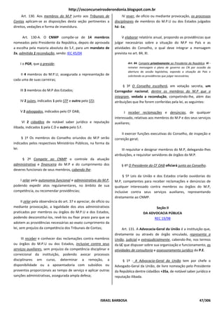 http://osconcurseirosderondonia.blogspot.com.br
      Art. 130. Aos membros do M.P junto aos Tribunais de                  IV rever, de ofício ou mediante provocação, os processos
Contas aplicam-se as disposições desta seção pertinentes a            disciplinares de membros do M.P.U ou dos Estados julgados
direitos, vedações e forma de investidura.                            há -1a;

      Art. 130-A. O CNMP compõe-se de 14 membros                           V elaborar relatório anual, propondo as providências que
nomeados pelo Presidente da República, depois de aprovada             julgar necessárias sobre a situação do M.P no País e as
a escolha pela maioria absoluta do S.F, para um mandato de            atividades do Conselho, o qual deve integrar a mensagem
2a, admitida 1 recondução, sendo: IEC 45/04                           prevista no art. 84, XI.

    I o PGR, que o preside;                                                   Art. 84. Compete privativamente ao Presidente da República: XI -
                                                                              remeter mensagem e plano de governo ao CN por ocasião da
                                                                              abertura da sessão legislativa, expondo a situação do País e
    II 4 membros do M.P.U, assegurada a representação de                      solicitando as providências que julgar necessárias;
cada uma de suas carreiras;
                                                                           § 3º O Conselho escolherá, em votação secreta, um
    III 3 membros do M.P dos Estados;                                 Corregedor nacional, dentre os membros do M.P que o
                                                                      integram, vedada a recondução, competindo-lhe, além das
    IV 2 juízes, indicados 1 pelo STF e outro pelo STJ;               atribuições que lhe forem conferidas pela lei, as seguintes:

    V 2 advogados, indicados pelo CF OAB;                                    I receber reclamações e denúncias, de qualquer
                                                                      interessado, relativas aos membros do M.P e dos seus serviços
      VI 2 cidadãos de notável saber jurídico e reputação             auxiliares;
ilibada, indicados 1 pela C.D e outro pelo S.F.
                                                                           II exercer funções executivas do Conselho, de inspeção e
     § 1º Os membros do Conselho oriundos do M.P serão                correição geral;
indicados pelos respectivos Ministérios Públicos, na forma da
lei.                                                                       III requisitar e designar membros do M.P, delegando-lhes
                                                                      atribuições, e requisitar servidores de órgãos do M.P.
     § 2º Compete ao CNMP o controle da atuação
administrativa e financeira do M.P e do cumprimento dos                   § 4º O Presidente do CF OAB oficiará junto ao Conselho.
deveres funcionais de seus membros, cabendo lhe:
                                                                           § 5º Leis da União e dos Estados criarão ouvidorias do
    I zelar pela autonomia funcional e administrativa do M.P,         M.P, competentes para receber reclamações e denúncias de
podendo expedir atos regulamentares, no âmbito de sua                 qualquer interessado contra membros ou órgãos do M.P,
competência, ou recomendar providências;                              inclusive contra seus serviços auxiliares, representando
                                                                      diretamente ao CNMP.
      II zelar pela observância do art. 37 e apreciar, de ofício ou
mediante provocação, a legalidade dos atos administrativos                                      Seção II
praticados por membros ou órgãos do M.P.U e dos Estados,                                 DA ADVOCACIA PÚBLICA
podendo desconstituí-los, revê-los ou fixar prazo para que se                                  REC 19/98
adotem as providências necessárias ao exato cumprimento da
lei, sem prejuízo da competência dos Tribunais de Contas;                  Art. 131. A Advocacia-Geral da União é a instituição que,
                                                                      diretamente ou através de órgão vinculado, representa a
     III receber e conhecer das reclamações contra membros            União, judicial e extrajudicialmente, cabendo-lhe, nos termos
ou órgãos do M.P.U ou dos Estados, inclusive contra seus              da LC que dispuser sobre sua organização e funcionamento, as
serviços auxiliares, sem prejuízo da competência disciplinar e        atividades de consultoria e assessoramento jurídico do P.E.
correicional da instituição, podendo avocar processos
disciplinares em curso, determinar a remoção, a                            § 1º - A Advocacia-Geral da União tem por chefe o
disponibilidade ou a aposentadoria com subsídios ou                   Advogado-Geral da União, de livre nomeação pelo Presidente
proventos proporcionais ao tempo de serviço e aplicar outras          da República dentre cidadãos +35a, de notável saber jurídico e
sanções administrativas, assegurada ampla defesa;                     reputação ilibada.




                                                            ISRAEL BARBOSA                                                           47/306
 