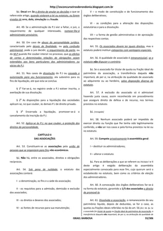 http://osconcurseirosderondonia.blogspot.com.br
      §ú. Decai em 3a o direito de anular as decisões a que se          V – o modo de constituição e de funcionamento dos
refere este artigo, quando violarem a lei ou estatuto, ou forem    órgãos deliberativos;
eivadas de erro, dolo, simulação ou fraude.
                                                                         VI - as condições para a alteração das disposições
     Art. 49. Se a administração da P.J vier a faltar, o juiz, a   estatutárias e para a dissolução.
requerimento de qualquer interessado, nomear-lhe-á
administrador provisório.                                                VII – a forma de gestão administrativa e de aprovação
                                                                   das respectivas contas.
      Art. 50. Em caso de abuso da personalidade jurídica,
caracterizado pelo desvio de finalidade, ou pela confusão                Art. 55. Os associados devem ter iguais direitos, mas o
patrimonial, pode o juiz decidir, a requerimento da parte, ou      estatuto poderá instituir categorias com vantagens especiais.
do M.P quando lhe couber intervir no processo, que os efeitos
de certas e determinadas relações de obrigações sejam                    Art. 56. A qualidade de associado é intransmissível, se o
estendidos aos bens particulares dos administradores ou            estatuto não dispuser o contrário.
sócios da P.J.
                                                                         §ú. Se o associado for titular de quota ou fração ideal do
      Art. 51. Nos casos de dissolução da P.J ou cassada a         patrimônio da associação, a transferência daquela não
autorização para seu funcionamento, ela subsistirá para os         importará, de per si, na atribuição da qualidade de associado
fins de liquidação, até que esta se conclua.                       ao adquirente ou ao herdeiro, salvo disposição diversa do
                                                                   estatuto.
         o
     § 1 Far-se-á, no registro onde a P.J estiver inscrita, a
averbação de sua dissolução.                                             Art. 57. A exclusão do associado só é admissível
                                                                   havendo justa causa, assim reconhecida em procedimento
         o
      § 2 As disposições para a liquidação das sociedades          que assegure direito de defesa e de recurso, nos termos
aplicam-se, no que couber, às demais P.J de direito privado.       previstos no estatuto.

             o
     § 3 Encerrada a liquidação,              promover-se-á   o           §ú. [revogado]
cancelamento da inscrição da P.J.
                                                                         Art. 58. Nenhum associado poderá ser impedido de
       Art. 52. Aplica-se às P.J, no que couber, a proteção dos    exercer direito ou função que lhe tenha sido legitimamente
direitos da personalidade.                                         conferido, a não ser nos casos e pela forma previstos na lei ou
                                                                   no estatuto.
                        CAPÍTULO II
                      DAS ASSOCIAÇÕES                                     Art. 59. Compete privativamente à assembléia geral:

     Art. 53. Constituem-se as associações pela união de                  I – destituir os administradores;
pessoas que se organizem para fins não econômicos.
                                                                          II – alterar o estatuto.
      §ú. Não há, entre os associados, direitos e obrigações
recíprocos.                                                             §ú. Para as deliberações a que se referem os incisos I e II
                                                                   deste artigo é exigido deliberação da assembléia
      Art. 54. Sob pena de nulidade, o estatuto das                especialmente convocada para esse fim, cujo quorum será o
associações conterá:                                               estabelecido no estatuto, bem como os critérios de eleição
                                                                   dos administradores.
      I - a denominação, os fins e a sede da associação;
                                                                         Art. 60. A convocação dos órgãos deliberativos far-se-á
      II - os requisitos para a admissão, demissão e exclusão      na forma do estatuto, garantido a 1/5 dos associados o direito
dos associados;                                                    de promovê-la.

      III - os direitos e deveres dos associados;                        Art. 61. Dissolvida a associação, o remanescente do seu
                                                                   patrimônio líquido, depois de deduzidas, se for o caso, as
      IV - as fontes de recursos para sua manutenção;              quotas ou frações ideais referidas no §ú do art. 56 [Art. 56. §ú. Se
                                                                   o associado for titular de quota ou fração ideal do patrimônio da associação, a
                                                                   transferência daquela não importará, de per si, na atribuição da qualidade de
                                                           ISRAEL BARBOSA                                                               55/306
 