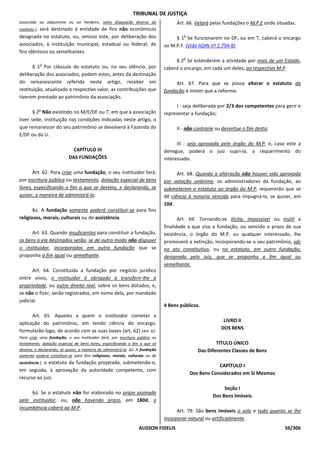 TRIBUNAL DE JUSTIÇA
associado ao adquirente ou ao herdeiro, salvo disposição diversa do                 Art. 66. Velará pelas fundações o M.P.E onde situadas.
          será destinado à entidade de fins não econômicos
estatuto.],
designada no estatuto, ou, omisso este, por deliberação dos                            o
                                                                                    § 1 Se funcionarem no DF, ou em T, caberá o encargo
associados, à instituição municipal, estadual ou federal, de                   ao M.P.F. (Vide ADIN nº 2.794-8)
fins idênticos ou semelhantes.
                                                                                       o
                                                                                    § 2 Se estenderem a atividade por mais de um Estado,
              o
       § 1 Por cláusula do estatuto ou, no seu silêncio, por                   caberá o encargo, em cada um deles, ao respectivo M.P.
deliberação dos associados, podem estes, antes da destinação
do remanescente referida neste artigo, receber em                                   Art. 67. Para que se possa alterar o estatuto da
restituição, atualizado o respectivo valor, as contribuições que               fundação é mister que a reforma:
tiverem prestado ao patrimônio da associação.
                                                                                    I - seja deliberada por 2/3 dos competentes para gerir e
              o
       § 2 Não existindo no M/E/DF ou T, em que a associação                   representar a fundação;
tiver sede, instituição nas condições indicadas neste artigo, o
que remanescer do seu patrimônio se devolverá à Fazenda do                          II - não contrarie ou desvirtue o fim desta;
E/DF ou da U.
                                                                                     III - seja aprovada pelo órgão do M.P, e, caso este a
                             CAPÍTULO III                                      denegue, poderá o juiz supri-la, a requerimento do
                           DAS FUNDAÇÕES                                       interessado.

       Art. 62. Para criar uma fundação, o seu instituidor fará,                     Art. 68. Quando a alteração não houver sido aprovada
por escritura pública ou testamento, dotação especial de bens                  por votação unânime, os administradores da fundação, ao
livres, especificando o fim a que se destina, e declarando, se                 submeterem o estatuto ao órgão do M.P, requererão que se
quiser, a maneira de administrá-la.                                            dê ciência à minoria vencida para impugná-la, se quiser, em
                                                                               10d.
       §ú. A fundação somente poderá constituir-se para fins
religiosos, morais, culturais ou de assistência.                                      Art. 69. Tornando-se ilícita, impossível ou inútil a
                                                                               finalidade a que visa a fundação, ou vencido o prazo de sua
      Art. 63. Quando insuficientes para constituir a fundação,                existência, o órgão do M.P, ou qualquer interessado, lhe
os bens a ela destinados serão, se de outro modo não dispuser                  promoverá a extinção, incorporando-se o seu patrimônio, sdc
o instituidor, incorporados em outra fundação que se                           no ato constitutivo, ou no estatuto, em outra fundação,
proponha a fim igual ou semelhante.                                            designada pelo juiz, que se proponha a fim igual ou
                                                                               semelhante.
      Art. 64. Constituída a fundação por negócio jurídico
entre vivos, o instituidor é obrigado a transferir-lhe a
propriedade, ou outro direito real, sobre os bens dotados, e,
se não o fizer, serão registrados, em nome dela, por mandado
judicial.
                                                                               4 Bens públicos.
      Art. 65. Aqueles a quem o instituidor cometer a
                                                                                                          LIVRO II
aplicação do patrimônio, em tendo ciência do encargo,
                                                                                                         DOS BENS
formularão logo, de acordo com as suas bases (art. 62) [Art. 62.
Para criar uma fundação, o seu instituidor fará, por escritura pública ou
testamento, dotação especial de bens livres, especificando o fim a que se                             TÍTULO ÚNICO
destina, e declarando, se quiser, a maneira de administrá-la. §ú. A fundação                  Das Diferentes Classes de Bens
somente poderá constituir-se para fins religiosos, morais, culturais ou de
assistência.], o estatuto da fundação projetada, submetendo-o,
                                                                                                       CAPÍTULO I
em seguida, à aprovação da autoridade competente, com
                                                                                           Dos Bens Considerados em Si Mesmos
recurso ao juiz.
                                                                                                          Seção I
     §ú. Se o estatuto não for elaborado no prazo assinado
                                                                                                     Dos Bens Imóveis
pelo instituidor, ou, não havendo prazo, em 180d, a
incumbência caberá ao M.P.
                                                                                     Art. 79. São bens imóveis o solo e tudo quanto se lhe
                                                                               incorporar natural ou artificialmente.
                                                                  ALISSON FIDELIS                                                    56/306
 