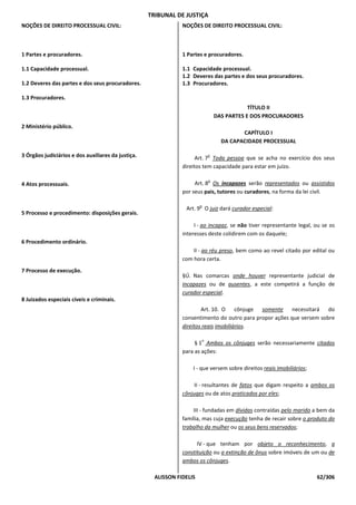 TRIBUNAL DE JUSTIÇA
NOÇÕES DE DIREITO PROCESSUAL CIVIL:                             NOÇÕES DE DIREITO PROCESSUAL CIVIL:



1 Partes e procuradores.                                        1 Partes e procuradores.

1.1 Capacidade processual.                                      1.1 Capacidade processual.
                                                                1.2 Deveres das partes e dos seus procuradores.
1.2 Deveres das partes e dos seus procuradores.                 1.3 Procuradores.

1.3 Procuradores.
                                                                                            TÍTULO II
                                                                                DAS PARTES E DOS PROCURADORES
2 Ministério público.
                                                                                         CAPÍTULO I
                                                                                  DA CAPACIDADE PROCESSUAL

3 Órgãos judiciários e dos auxiliares da justiça.                           o
                                                                      Art. 7 Toda pessoa que se acha no exercício dos seus
                                                                direitos tem capacidade para estar em juízo.

                                                                            o
4 Atos processuais.                                                  Art. 8 Os incapazes serão representados ou assistidos
                                                                por seus pais, tutores ou curadores, na forma da lei civil.

                                                                        o
                                                                 Art. 9 O juiz dará curador especial:
5 Processo e procedimento: disposições gerais.

                                                                     I - ao incapaz, se não tiver representante legal, ou se os
                                                                interesses deste colidirem com os daquele;
6 Procedimento ordinário.
                                                                    II - ao réu preso, bem como ao revel citado por edital ou
                                                                com hora certa.
7 Processo de execução.
                                                                §Ú. Nas comarcas onde houver representante judicial de
                                                                incapazes ou de ausentes, a este competirá a função de
                                                                curador especial.
8 Juizados especiais cíveis e criminais.
                                                                        Art. 10. O cônjuge somente necessitará do
                                                                consentimento do outro para propor ações que versem sobre
                                                                direitos reais imobiliários.

                                                                        o
                                                                     § 1 Ambos os cônjuges serão necessariamente citados
                                                                para as ações:

                                                                    I - que versem sobre direitos reais imobiliários;

                                                                     II - resultantes de fatos que digam respeito a ambos os
                                                                cônjuges ou de atos praticados por eles;

                                                                    III - fundadas em dívidas contraídas pelo marido a bem da
                                                                família, mas cuja execução tenha de recair sobre o produto do
                                                                trabalho da mulher ou os seus bens reservados;

                                                                      IV - que tenham por objeto o reconhecimento, a
                                                                constituição ou a extinção de ônus sobre imóveis de um ou de
                                                                ambos os cônjuges.

                                                      ALISSON FIDELIS                                                   62/306
 