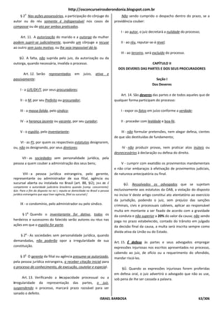 http://osconcurseirosderondonia.blogspot.com.br
         o
    § 2 Nas ações possessórias, a participação do cônjuge do                        Não sendo cumprido o despacho dentro do prazo, se a
autor ou do réu somente é indispensável nos casos de                            providência couber:
composse ou de ato por ambos praticados.
                                                                                    I - ao autor, o juiz decretará a nulidade do processo;
    Art. 11. A autorização do marido e a outorga da mulher
podem suprir-se judicialmente, quando um cônjuge a recuse                           II - ao réu, reputar-se-á revel;
ao outro sem justo motivo, ou lhe seja impossível dá-la.
                                                                                    III - ao terceiro, será excluído do processo.
   §Ú. A falta, não suprida pelo juiz, da autorização ou da
outorga, quando necessária, invalida o processo.                                                    CAPÍTULO II
                                                                                  DOS DEVERES DAS PARTES E DOS SEUS PROCURADORES
      Art. 12. Serão        representados        em     juízo,    ativa    e
passivamente:                                                                                               Seção I
                                                                                                          Dos Deveres
     I - a U/E/DF/T, por seus procuradores;
                                                                                    Art. 14. São deveres das partes e de todos aqueles que de
     II - o M, por seu Prefeito ou procurador;                                  qualquer forma participam do processo:

     III - a massa falida, pelo síndico;                                            I - expor os fatos em juízo conforme a verdade;

     IV - a herança jacente ou vacante, por seu curador;                            II - proceder com lealdade e boa-fé;

     V - o espólio, pelo inventariante;                                             III - não formular pretensões, nem alegar defesa, cientes
                                                                                de que são destituídas de fundamento;
     VI - as PJ, por quem os respectivos estatutos designarem,
ou, não os designando, por seus diretores;                                          IV - não produzir provas, nem praticar atos inúteis ou
                                                                                desnecessários à declaração ou defesa do direito.
     VII - as sociedades sem personalidade jurídica, pela
pessoa a quem couber a administração dos seus bens;                                 V - cumprir com exatidão os provimentos mandamentais
                                                                                e não criar embaraços à efetivação de provimentos judiciais,
      VIII - a pessoa jurídica estrangeira, pelo gerente,                       de natureza antecipatória ou final.
representante ou administrador de sua filial, agência ou
sucursal aberta ou instalada no Brasil (art. 88, §Ú); [Art. 88. É                     §Ú. Ressalvados os advogados que se sujeitam
competente a autoridade judiciária brasileira quando [comp. concorrente]:
§ún. Para o fim do disposto no no I, reputa-se domiciliada no Brasil a pessoa   exclusivamente aos estatutos da OAB, a violação do disposto
jurídica estrangeira que aqui tiver agência, filial ou sucursal.]               no inciso V deste artigo constitui ato atentatório ao exercício
                                                                                da jurisdição, podendo o juiz, sem prejuízo das sanções
     IX - o condomínio, pelo administrador ou pelo síndico.                     criminais, civis e processuais cabíveis, aplicar ao responsável
             o
                                                                                multa em montante a ser fixado de acordo com a gravidade
     § 1 Quando o inventariante for dativo, todos os                            da conduta e não superior a 20% do valor da causa; não sendo
herdeiros e sucessores do falecido serão autores ou réus nas                    paga no prazo estabelecido, contado do trânsito em julgado
ações em que o espólio for parte.                                               da decisão final da causa, a multa será inscrita sempre como
         o
                                                                                dívida ativa da União ou do Estado.
    § 2 - As sociedades sem personalidade jurídica, quando
demandadas, não poderão opor a irregularidade de sua                            Art. 15. É defeso às partes e seus advogados empregar
constituição.                                                                   expressões injuriosas nos escritos apresentados no processo,
         o
                                                                                cabendo ao juiz, de ofício ou a requerimento do ofendido,
    § 3 O gerente da filial ou agência presume-se autorizado,                   mandar riscá-las.
pela pessoa jurídica estrangeira, a receber citação inicial para
o processo de conhecimento, de execução, cautelar e especial.                        §Ú. Quando as expressões injuriosas forem proferidas
                                                                                em defesa oral, o juiz advertirá o advogado que não as use,
      Art. 13. Verificando a incapacidade processual ou a                       sob pena de Ihe ser cassada a palavra.
irregularidade da representação das partes, o juiz,
suspendendo o processo, marcará prazo razoável para ser
sanado o defeito.
                                                     ISRAEL BARBOSA                                                                      63/306
 