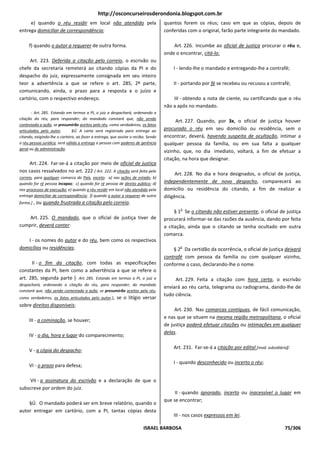 http://osconcurseirosderondonia.blogspot.com.br
     e) quando o réu residir em local não atendido pela                            quantos forem os réus; caso em que as cópias, depois de
entrega domiciliar de correspondência;                                             conferidas com o original, farão parte integrante do mandado.

     f) quando o autor a requerer de outra forma.                                      Art. 226. Incumbe ao oficial de justiça procurar o réu e,
                                                                                   onde o encontrar, citá-lo:
     Art. 223. Deferida a citação pelo correio, o escrivão ou
chefe da secretaria remeterá ao citando cópias da PI e do                              I - lendo-lhe o mandado e entregando-lhe a contrafé;
despacho do juiz, expressamente consignada em seu inteiro
teor a advertência a que se refere o art. 285, 2º parte,                               II - portando por fé se recebeu ou recusou a contrafé;
comunicando, ainda, o prazo para a resposta e o juízo e
cartório, com o respectivo endereço.                                                   III - obtendo a nota de ciente, ou certificando que o réu
                                                                                   não a apôs no mandado.
       - Art. 285. Estando em termos a PI, o juiz a despachará, ordenando a
citação do réu, para responder; do mandado constará que, não sendo
                                                                                         Art. 227. Quando, por 3x, o oficial de justiça houver
contestada a ação, se presumirão aceitos pelo réu, como verdadeiros, os fatos
articulados pelo autor.        §Ú. A carta será registrada para entrega ao         procurado o réu em seu domicílio ou residência, sem o
citando, exigindo-lhe o carteiro, ao fazer a entrega, que assine o recibo. Sendo   encontrar, deverá, havendo suspeita de ocultação, intimar a
o réu pessoa jurídica, será válida a entrega a pessoa com poderes de gerência      qualquer pessoa da família, ou em sua falta a qualquer
geral ou de administração.
                                                                                   vizinho, que, no dia imediato, voltará, a fim de efetuar a
                                                                                   citação, na hora que designar.
    Art. 224. Far-se-á a citação por meio de oficial de justiça
nos casos ressalvados no art. 222 [ Art. 222. A citação será feita pelo
                                                                                         Art. 228. No dia e hora designados, o oficial de justiça,
correio, para qualquer comarca do País, exceto: a) nas ações de estado; b)
quando for ré pessoa incapaz; c) quando for ré pessoa de direito público; d)       independentemente de novo despacho, comparecerá ao
nos processos de execução; e) quando o réu residir em local não atendido pela      domicílio ou residência do citando, a fim de realizar a
entrega domiciliar de correspondência; f) quando o autor a requerer de outra       diligência.
forma.] , ou quando frustrada a citação pelo correio.
                                                                                          o
                                                                                        § 1 Se o citando não estiver presente, o oficial de justiça
    Art. 225. O mandado, que o oficial de justiça tiver de                         procurará informar-se das razões da ausência, dando por feita
cumprir, deverá conter:                                                            a citação, ainda que o citando se tenha ocultado em outra
                                                                                   comarca.
   I - os nomes do autor e do réu, bem como os respectivos
domicílios ou residências;                                                                o
                                                                                       § 2 Da certidão da ocorrência, o oficial de justiça deixará
                                                                                   contrafé com pessoa da família ou com qualquer vizinho,
      II - o fim da citação, com todas as especificações                           conforme o caso, declarando-lhe o nome.
constantes da PI, bem como a advertência a que se refere o
art. 285, segunda parte [- Art. 285. Estando em termos a PI, o juiz a                   Art. 229. Feita a citação com hora certa, o escrivão
despachará, ordenando a citação do réu, para responder; do mandado
                                                                                   enviará ao réu carta, telegrama ou radiograma, dando-lhe de
constará que, não sendo contestada a ação, se presumirão aceitos pelo réu,
                                                                                   tudo ciência.
como verdadeiros, os fatos articulados pelo autor.],    se o litígio versar
sobre direitos disponíveis;
                                                                                        Art. 230. Nas comarcas contíguas, de fácil comunicação,
                                                                                   e nas que se situem na mesma região metropolitana, o oficial
     III - a cominação, se houver;
                                                                                   de justiça poderá efetuar citações ou intimações em qualquer
                                                                                   delas.
     IV - o dia, hora e lugar do comparecimento;

                                                                                       Art. 231. Far-se-á a citação por edital [mod. subsidiária]:
     V - a cópia do despacho;

                                                                                       I - quando desconhecido ou incerto o réu;
     VI - o prazo para defesa;

     VII - a assinatura do escrivão e a declaração de que o
subscreve por ordem do juiz.
                                                                                        II - quando ignorado, incerto ou inacessível o lugar em
                                                                                   que se encontrar;
    §Ú. O mandado poderá ser em breve relatório, quando o
autor entregar em cartório, com a PI, tantas cópias desta
                                                                                       III - nos casos expressos em lei.

                                                                        ISRAEL BARBOSA                                                         75/306
 