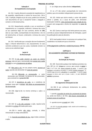TRIBUNAL DE JUSTIÇA
                        Subseção II                                     II - se o litígio versar sobre direitos indisponíveis;
               Do Impedimento e da Suspeição
                                                                        III - se a PI não estiver acompanhada do instrumento
    Art. 312. A parte oferecerá a exceção de impedimento ou        público, que a lei considere indispensável à prova do ato.
de suspeição, especificando o motivo da recusa (arts. 134 e
135). A petição, dirigida ao juiz da causa, poderá ser instruída        Art. 321. Ainda que ocorra revelia, o autor não poderá
com documentos em que o excipiente fundar a alegação e             alterar o pedido, ou a causa de pedir, nem demandar
conterá o rol de testemunhas.                                      declaração incidente, salvo promovendo nova citação do réu,
                                                                   a quem será assegurado o direito de responder no prazo de
     Art. 313. Despachando a petição, o juiz, se reconhecer o      15d.
impedimento ou a suspeição, ordenará a remessa dos autos
ao seu substituto legal; em caso contrário, dentro de 10d,             Art. 322. Contra o revel que não tenha patrono nos autos,
dará as suas razões, acompanhadas de documentos e de rol           correrão os prazos independentemente de intimação, a partir
de testemunhas, se houver, ordenando a remessa dos autos           da publicação de cada ato decisório.
ao tribunal.
                                                                       §Ú O revel poderá intervir no processo em qualquer fase,
     Art. 314. Verificando que a exceção não tem fundamento        recebendo-o no estado em que se encontrar.
legal, o tribunal determinará o seu arquivamento; no caso
contrário condenará o juiz nas custas, mandando remeter os         14 Do julgamento conforme o estado do processo. [TRT 9]
autos ao seu substituto legal.
                                                                                      CAPÍTULO V
                           Seção IV                                   DO JULGAMENTO CONFORME O ESTADO DO PROCESSO
                       Da Reconvenção
                                                                                                  Seção I
      Art. 315. O réu pode reconvir ao autor no mesmo                                     Da Extinção do Processo
processo, toda vez que a reconvenção seja conexa com a ação
principal ou com o fundamento da defesa.                                Art. 329. Ocorrendo qualquer das hipóteses previstas nos
                                                                   arts. 267 [Art. 267. Extingue-se o processo, sem resolução de mérito] e
    §Ú. Não pode o réu, em seu próprio nome, reconvir ao           269, II a V [Art. 269. Haverá resolução de mérito: II - quando o réu
autor, quando este demandar em nome de outrem.                     reconhecer a procedência do pedido; III - quando as partes transigirem; IV -
                                                                    quando o juiz pronunciar a decadência ou a prescrição; V - quando o autor
          Art. 316. Oferecida a reconvenção, o autor               renunciar ao direito sobre que se funda a ação. ],      o juiz declarará
   reconvindo será intimado, na pessoa do seu procurador,          extinto o processo.
   para contestá-la no prazo de 15d.
                                                                                               Seção II
     Art. 317. A desistência da ação, ou a existência de                           Do Julgamento Antecipado da Lide
qualquer causa que a extinga, não obsta ao prosseguimento
da reconvenção.                                                          Art. 330. O juiz conhecerá diretamente do pedido,
                                                                   proferindo sentença:
     Art. 318. Julgar-se-ão na mesma sentença a ação e a
reconvenção.                                                           I - quando a questão de mérito for unicamente de direito,
                                                                   ou, sendo de direito e de fato, não houver necessidade de
                         CAPÍTULO III                              produzir prova em audiência;
                         DA REVELIA
                                                                        II - quando ocorrer a revelia (art. 319).
    Art. 319. Se o réu não contestar a ação, reputar-se-ão
verdadeiros os fatos afirmados pelo autor.                               - Art. 319. Se o réu não contestar a ação, reputar-se-ão verdadeiros os
                                                                   fatos afirmados pelo autor.
     Art. 320. A revelia não induz, contudo, o efeito
mencionado no artigo antecedente:

     I - se, havendo pluralidade de réus, algum deles contestar
a ação;

                                                       ALISSON FIDELIS                                                                 82/306
 