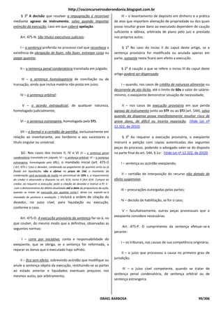 http://osconcurseirosderondonia.blogspot.com.br
          o
     § 3 A decisão que resolver a impugnação é recorrível                               III – o levantamento de depósito em dinheiro e a prática
mediante agravo de instrumento, salvo quando importar                              de atos que importem alienação de propriedade ou dos quais
extinção da execução, caso em que caberá apelação.                                 possa resultar grave dano ao executado dependem de caução
                                                                                   suficiente e idônea, arbitrada de plano pelo juiz e prestada
     Art. 475-N. São títulos executivos judiciais:                                 nos próprios autos.

                                                                                            o
     I – a sentença proferida no processo civil que reconheça a                         § 1 No caso do inciso II do caput deste artigo, se a
existência de obrigação de fazer, não fazer, entregar coisa ou                     sentença provisória for modificada ou anulada apenas em
pagar quantia;                                                                     parte, somente nesta ficará sem efeito a execução.

                                                                                           o
     II – a sentença penal condenatória transitada em julgado;                          § 2 A caução a que se refere o inciso III do caput deste
                                                                                   artigo poderá ser dispensada:
     III – a sentença homologatória de conciliação ou de
transação, ainda que inclua matéria não posta em juízo;                                I – quando, nos casos de crédito de natureza alimentar ou
                                                                                   decorrente de ato ilícito, até o limite de 60x o valor do salário-
     IV – a sentença arbitral;                                                     mínimo, o exeqüente demonstrar situação de necessidade;

    V – o acordo extrajudicial, de qualquer natureza,                                   II – nos casos de execução provisória em que penda
homologado judicialmente;                                                          agravo de instrumento junto ao STF ou ao STJ (art. 544), salvo
                                                                                   quando da dispensa possa manifestamente resultar risco de
     VI – a sentença estrangeira, homologada pelo STJ;                             grave dano, de difícil ou incerta reparação. (Vide Lei nº
                                                                                   12.322, de 2010)
     VII – o formal e a certidão de partilha, exclusivamente em
                                                                                            o
relação ao inventariante, aos herdeiros e aos sucessores a                              § 3 Ao requerer a execução provisória, o exeqüente
título singular ou universal.                                                      instruirá a petição com cópias autenticadas das seguintes
                                                                                   peças do processo, podendo o advogado valer-se do disposto
      §Ú. Nos casos dos incisos II, IV e VI [II – a sentença penal                 na parte final do art. 544, § 1o: (Vide Lei nº 12.322, de 2010)
condenatória transitada em julgado; IV – a sentença arbitral; VI – a sentença
estrangeira, homologada pelo STJ;],     o mandado inicial (art. 475-J)                 I – sentença ou acórdão exeqüendo;
[ Art. 475-J. Caso o devedor, condenado ao pagamento de quantia certa ou já
fixada em liquidação, não o efetue no prazo de 15d, o montante da
condenação será acrescido de multa no percentual de 10% e, a requerimento               II – certidão de interposição do recurso não dotado de
do credor e observado o disposto no art. 614, inciso II [Art. 614. Cumpre ao       efeito suspensivo;
credor, ao requerer a execução, pedir a citação do devedor e instruir a PI: II -
 com o demonstrativo do débito atualizado até a data da propositura da ação,
                                                                                       III – procurações outorgadas pelas partes;
quando se tratar de execução por quantia certa;], desta Lei, expedir-se-á
mandado de penhora e avaliação. ] incluirá a ordem de citação do
                                                                                       IV – decisão de habilitação, se for o caso;
devedor, no juízo cível, para liquidação ou execução,
conforme o caso.
                                                                                       V – facultativamente, outras peças processuais que o
                                                                                   exeqüente considere necessárias.
    Art. 475-O. A execução provisória da sentença far-se-á, no
que couber, do mesmo modo que a definitiva, observadas as
                                                                                        Art. 475-P. O cumprimento da sentença efetuar-se-á
seguintes normas:
                                                                                   perante:
     I – corre por iniciativa, conta e responsabilidade do
                                                                                       I – os tribunais, nas causas de sua competência originária;
exeqüente, que se obriga, se a sentença for reformada, a
reparar os danos que o executado haja sofrido;
                                                                                        II – o juízo que processou a causa no primeiro grau de
                                                                                   jurisdição;
    II – fica sem efeito, sobrevindo acórdão que modifique ou
anule a sentença objeto da execução, restituindo-se as partes
                                                                                        III – o juízo cível competente, quando se tratar de
ao estado anterior e liquidados eventuais prejuízos nos
                                                                                   sentença penal condenatória, de sentença arbitral ou de
mesmos autos, por arbitramento;
                                                                                   sentença estrangeira.




                                                                        ISRAEL BARBOSA                                                       99/306
 