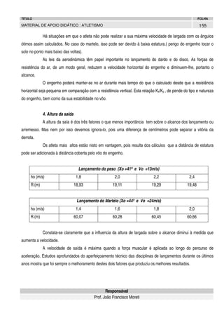 TITULO

FOLHA

155

MATERIAL DE APOIO DIDÁTICO : ATLETISMO

Há situações em que o atleta não pode realizar a sua máxima velocidade de largada com os ângulos
ótimos assim calculados. No caso do martelo, isso pode ser devido à baixa estatura.( perigo do engenho tocar o
solo no ponto mais baixo das voltas).
As leis da aerodinâmica têm papel importante no lançamento do dardo e do disco. As forças de
resistência do ar, de um modo geral, reduzem a velocidade horizontal do engenho e diminuem-lhe, portanto o
alcance.
O engenho poderá manter-se no ar durante mais tempo do que o calculado desde que a resistência
horizontal seja pequena em comparação com a resistência vertical. Esta relação Kx/Ky , de pende do tipo e natureza
do engenho, bem como da sua estabilidade no vôo.
4. Altura da saída
A altura da saía é dos três fatores o que menos importância tem sobre o alcance dos lançamento ou
arremesso. Mas nem por isso devemos ignora-lo, pois uma diferença de centímetros pode separar a vitória da
derrota.
Os atleta mais altos estão nisto em vantagem, pois resulta dos cálculos que a distância de estatura
pode ser adicionada à distância coberta pelo vôo do engenho.
Lançamento do peso (Xo =41º e Vo =13m/s)
ho (m/s)

2,0

2,2

2,4

18,93

R (m)

1,8

19,11

19,29

19,48

Lançamento do Martelo (Xo =44º e Vo =24m/s)
ho (m/s)

1,6

1,8

2,0

60,07

R (m)

1,4

60,28

60,45

60,66

Constata-se claramente que a influencia da altura de largada sobre o alcance diminui à medida que
aumenta a velocidade.
A velocidade de saída é máxima quando a força muscular é aplicada ao longo do percurso de
aceleração. Estudos aprofundados do aperfeiçoamento técnico das disciplinas de lançamentos durante os últimos
anos mostra que foi sempre o melhoramento destes dois fatores que produziu os melhores resultados.

Responsável
Prof. João Francisco Moreti

 