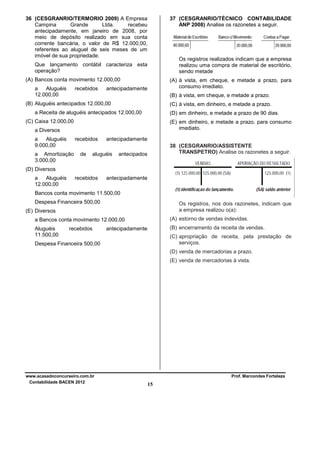 37 (CESGRANRIO/TÉCNICO CONTABILIDADE
ANP 2008) Analise os razonetes a seguir.

36 (CESGRANRIO/TERMORIO 2009) A Empresa
Campina
Grande
Ltda.
recebeu
antecipadamente, em janeiro de 2008, por
meio de depósito realizado em sua conta
corrente bancária, o valor de R$ 12.000,00,
referentes ao aluguel de seis meses de um
imóvel de sua propriedade.

Os registros realizados indicam que a empresa
realizou uma compra de material de escritório,
sendo metade

Que lançamento contábil caracteriza esta
operação?
(A) Bancos conta movimento 12.000,00
a
Aluguéis
12.000,00

recebidos

(A) à vista, em cheque, e metade a prazo, para
consumo imediato.

antecipadamente

(B) à vista, em cheque, e metade a prazo.

(B) Aluguéis antecipados 12.000,00

(C) à vista, em dinheiro, e metade a prazo.

a Receita de aluguéis antecipados 12.000,00

(D) em dinheiro, e metade a prazo de 90 dias.

(C) Caixa 12.000,00

(E) em dinheiro, e metade a prazo, para consumo
imediato.

a Diversos
a
Aluguéis
9.000,00

recebidos

a Amortização
3.000,00

de

antecipadamente

aluguéis

38 (CESGRANRIO/ASSISTENTE
TRANSPETRO) Analise os razonetes a seguir.

antecipados

(D) Diversos
a
Aluguéis
12.000,00

recebidos

antecipadamente

Bancos conta movimento 11.500,00
Despesa Financeira 500,00

Os registros, nos dois razonetes, indicam que
a empresa realizou o(a):

(E) Diversos
a Bancos conta movimento 12.000,00

(A) estorno de vendas indevidas.

Aluguéis
11.500,00

(B) encerramento da receita de vendas.

recebidos

antecipadamente

(C) apropriação de receita, pela prestação de
serviços.

Despesa Financeira 500,00

(D) venda de mercadorias a prazo.
(E) venda de mercadorias à vista.

www.acasadoconcurseiro.com.br
Contabilidade BACEN 2012

Prof. Marcondes Fortaleza

15

 