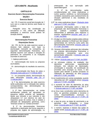 pressuposto
de
assembleia-geral.

LEI 6.404/76 - Atualizada

aprovação

pela

§
4º
As
demonstrações
serão
complementadas por notas explicativas e
outros quadros analíticos ou demonstrações
contábeis necessários para esclarecimento da
situação patrimonial e dos resultados do
exercício.

CAPÍTULO XV
Exercício Social e Demonstrações Financeiras
SEÇÃO I
Exercício Social

o

Art. 175. O exercício social terá duração de 1
(um) ano e a data do término será fixada no
estatuto.

§ 5 As notas explicativas devem: (Redação dada
pela Lei nº 11.941, de 2009)
I – apresentar informações sobre a base de
preparação das demonstrações financeiras e
das
práticas
contábeis
específicas
selecionadas e aplicadas para negócios e
eventos significativos; (Incluído pela Lei nº
11.941, de 2009)

Parágrafo único. Na constituição da
companhia e nos casos de alteração
estatutária o exercício social poderá ter
duração diversa.
SEÇÃO II

II – divulgar as informações exigidas pelas práticas
contábeis adotadas no Brasil que não estejam
apresentadas em nenhuma outra parte das
demonstrações financeiras; (Incluído pela Lei
nº 11.941, de 2009)

Demonstrações Financeiras
Disposições Gerais
Art. 176. Ao fim de cada exercício social, a
diretoria fará elaborar, com base na
escrituração mercantil da companhia, as
seguintes demonstrações financeiras, que
deverão exprimir com clareza a situação do
patrimônio da companhia e as mutações
ocorridas no exercício:

III – fornecer informações adicionais não indicadas
nas próprias demonstrações financeiras e
consideradas
necessárias
para
uma
apresentação adequada; e (Incluído pela Lei
nº 11.941, de 2009)

I - balanço patrimonial;

IV – indicar: (Incluído pela Lei nº 11.941, de 2009)

II - demonstração dos lucros ou prejuízos
acumulados;

a)

III - demonstração do resultado do exercício;
e
IV – demonstração dos fluxos de caixa; e
(Redação dada pela Lei nº 11.638,de 2007)
V – se companhia aberta, demonstração do
valor adicionado. (Incluído pela Lei nº
11.638,de 2007)

os principais critérios de avaliação dos
elementos
patrimoniais,
especialmente
estoques, dos cálculos de depreciação,
amortização e exaustão, de constituição de
provisões para encargos ou riscos, e dos
ajustes para atender a perdas prováveis na
realização de elementos do ativo; (Incluído
pela Lei nº 11.941, de 2009)

b) os investimentos em outras sociedades, quando
relevantes (art. 247, parágrafo único); (Incluído
pela Lei nº 11.941, de 2009)

§ 1º As demonstrações de cada exercício
serão publicadas com a indicação dos valores
correspondentes das demonstrações do
exercício anterior.

c) o aumento de valor de elementos do ativo
o
resultante de novas avaliações (art. 182, § 3
); (Incluído pela Lei nº 11.941, de 2009)

§ 2º Nas demonstrações, as contas
semelhantes poderão ser agrupadas; os
pequenos saldos poderão ser agregados,
desde que indicada a sua natureza e não
ultrapassem 0,1 (um décimo) do valor do
respectivo grupo de contas; mas é vedada a
utilização de designações genéricas, como
"diversas contas" ou "contas-correntes".

d) os ônus reais constituídos sobre elementos do
ativo, as garantias prestadas a terceiros e
outras
responsabilidades
eventuais
ou
contingentes; (Incluído pela Lei nº 11.941, de
2009)
e) a taxa de juros, as datas de vencimento e as
garantias
das
obrigações
a
longo
prazo; (Incluído pela Lei nº 11.941, de 2009)

§ 3º As demonstrações financeiras
registrarão a destinação dos lucros segundo a
proposta dos órgãos da administração, no
www.acasadoconcurseiro.com.br
Contabilidade BACEN 2012

sua

f)

o número, espécies e classes das ações do
capital social; (Incluído pela Lei nº 11.941, de
2009)
Prof. Marcondes Fortaleza

57

 
