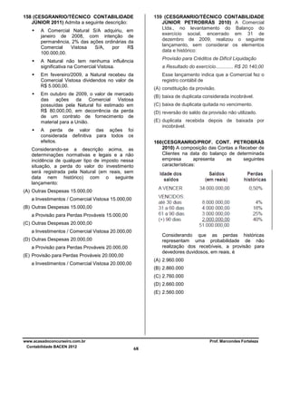 158 (CESGRANRIO/TÉCNICO CONTABILIDADE
JÚNIOR 2011) Admita a seguinte descrição:

159 (CESGRANRIO/TÉCNICO CONTABILIDADE
JÚNIOR PETROBRÁS 2010) A Comercial
Ltda., no levantamento do Balanço do
exercício social, encerrado em 31 de
dezembro de 2009, realizou o seguinte
lançamento, sem considerar os elementos
data e histórico:

A Comercial Natural S/A adquiriu, em
janeiro de 2008, com intenção de
permanência, 2% das ações ordinárias da
Comercial
Vistosa
S/A,
por
R$
100.000,00.

Provisão para Créditos de Difícil Liquidação

A Natural não tem nenhuma influência
significativa na Comercial Vistosa.

a Resultado do exercício............. R$ 20.140,00
Esse lançamento indica que a Comercial fez o
registro contábil de

Em fevereiro/2009, a Natural recebeu da
Comercial Vistosa dividendos no valor de
R$ 5.000,00.

(A) constituição da provisão.

Em outubro de 2009, o valor de mercado
das ações da Comercial Vistosa
possuídas pela Natural foi estimado em
R$ 80.000,00, em decorrência da perda
de um contrato de fornecimento de
material para a União.
A perda de valor das ações
considerada definitiva para todos
efeitos.

(B) baixa de duplicata considerada incobrável.
(C) baixa de duplicata quitada no vencimento.
(D) reversão do saldo da provisão não utilizado.
(E) duplicata recebida depois de baixada por
incobrável.

foi
os

160 (CESGRANRIO/PROF. CONT. PETROBRÁS
2010) A composição das Contas a Receber de
Clientes na data do balanço de determinada
empresa
apresenta
as
seguintes
características:

Considerando-se a descrição acima, as
determinações normativas e legais e a não
incidência de qualquer tipo de imposto nessa
situação, a perda do valor do investimento
será registrada pela Natural (em reais, sem
data nem histórico) com o seguinte
lançamento:
(A) Outras Despesas 15.000,00
a Investimentos / Comercial Vistosa 15.000,00
(B) Outras Despesas 15.000,00
a Provisão para Perdas Prováveis 15.000,00
(C) Outras Despesas 20.000,00
a Investimentos / Comercial Vistosa 20.000,00

Considerando que as perdas históricas
representam uma probabilidade de não
realização dos recebíveis, a provisão para
devedores duvidosos, em reais, é

(D) Outras Despesas 20.000,00
a Provisão para Perdas Prováveis 20.000,00
(E) Provisão para Perdas Prováveis 20.000,00

(A) 2.960.000

a Investimentos / Comercial Vistosa 20.000,00

(B) 2.860.000
(C) 2.760.000
(D) 2.660.000
(E) 2.560.000

www.acasadoconcurseiro.com.br
Contabilidade BACEN 2012

Prof. Marcondes Fortaleza

68

 