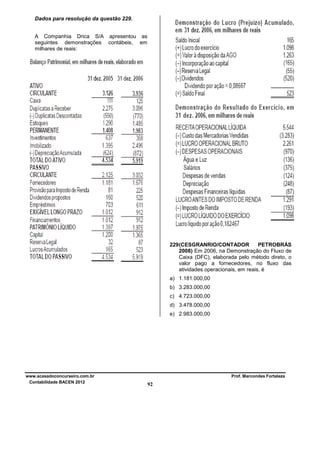 Dados para resolução da questão 229.
A Companhia Drica S/A apresentou as
seguintes demonstrações contábeis, em
milhares de reais:

229 (CESGRANRIO/CONTADOR
PETROBRÁS
2008) Em 2006, na Demonstração do Fluxo de
Caixa (DFC), elaborada pelo método direto, o
valor pago a fornecedores, no fluxo das
atividades operacionais, em reais, é
a) 1.181.000,00
b) 3.283.000,00
c) 4.723.000,00
d) 3.478.000,00
e) 2.983.000,00

www.acasadoconcurseiro.com.br
Contabilidade BACEN 2012

Prof. Marcondes Fortaleza

92

 