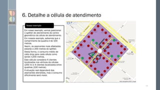 121
Em nosso exemplo, vamos posicionar
o splitter de atendimento do centro
geométrico da célula de atendimento.
Em nossos exemplo, sabemos que o
comprimento da quadra é de 100
metros.
Assim, os assinantes mais afastados
estarão a 200 metros do splitter.
Desta forma, o consumo médio de
cabo drop para cada célula como
sendo 1200 metros.
Este cálculo considera 4 clientes
localizados nos vértices da células
(200 m) e 4 clientes localizados entre
quadras (100 metros).
A situação real dependerá dos
assinantes atendidos, mas o consumo
dificilmente será maior.
Nosso exemplo
6. Detalhe a célula de atendimento
 