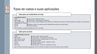 Tipos de cabos e suas aplicações
•CFOA-SM-DD-G-36 FO
•CFOA  Cabo de fibra óptica de acrilato.
•SM ou MM  Tipo de fibra – monomodo ou multimodo.
•DD ou DDR ou DE  Uso em dutos, dutos protegido contra roedores e diretamente enterrado. O cabo DD pode ser utilizado em redes aéreas
espinadas com cordoalha.
•G ou S  Geleado ou Seco. Os cabos secos são adequados somente para redes aéreas.
•36 FO  Número de fibras.
•Até 144 fibras, reunidas em grupos de 2, 6 ou 12 fibras.
Cabo para uso subterrâneo em duto
•CFOA-SM-AS-80-G-12 FO-NR
•CFOA  Cabo de fibra óptica de acrilato
•SM ou MM  Tipo de fibra – monomodo ou multimodo
•AS ou ASU ou AS RA  Autosuportado, autosuportados com tubo único.
•80 ou 120 ou 200  Vão entre postes
•G ou S  Proteção contra umidade – geleado ou seco
•12 FO  Número de fibras
•NR ou RC  Tipo de capa – normal ou retardante a chama.
•Até 144 fibras, reunidas em grupos de 2, 6 ou 12 fibras. Os cabos com tubo único pode ter até 12 fibras.
Cabo para uso áreo
36
 
