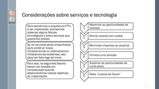 Considerações sobre serviços e tecnologia
Para decidirmos a arquitetura FTTx
a ser implantada, precisamos
observar alguns fatores
tecnológicos e sobre serviços que
queremos prestar.
Se os recursos serão empenhados
para construir novas
infraestruturas ou redimensionar
infraestruturas existentes; isso
deve ser feito logo de início.
Para isso, os seguintes fatores
devem ser levados em
consideração quando
desenvolvemos nossos objetivos
de implantação:
1.
Maximize as oportunidades de
receitas
2.
Alinhar receita com custos
3.
Minimizar impactos os usuários
4.
Forneça uma solução
5.
Suportar as oportunidades de
curto prazo
6.
Rede “a prova de futuro”
5
 
