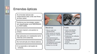 Emendas ópticas
64
As emendas ópticas são
responsáveis pela união das fibras
de dois cabos.
Conforme sua tecnologia, podem
ser classificadas como MECÂNICAS
ou POR FUSÃO.
Sempre inserem uma perda no
enlace.
São aplicados em instalações tanto
internas como externas.
Na manutenção de enlaces ópticos.
E na expansão e derivação de
enlaces.
Mecânica
•Menor custo com
equipamentos.
•Maior perda de inserção.
•Pode apresentar reflexão
e ORL.
•Historicamente para
situações emergenciais,
mas podem ser
interessantes na ativação
de clientes também.
•Perda: 0,1 a 0,3 dB
Fusão
•Custo mais elevado,
máquina de fusão.
•Perdas de inserção
minimizadas.
•Problemas com reflexões
inexistentes.
•Utilizadas na implantação
e manutenção de
enlaces.
•Perda: 0,02 a 0,1 dB
 