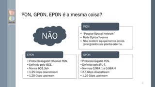 PON, GPON, EPON é a mesma coisa?
86
NÃO
•Protocolo Gigabit Ethernet PON.
•Definido pelo IEEE.
•Norma 802.3ah
•1,25 Gbps downstream
•1,25 Gbps upstream
EPON
• “Passive Optical Network”
• Rede Óptica Passiva
• Não existem equipamentos ativos
(energizados) na planta externa.
PON
•Protocolo Gigabit PON.
•Definido pelo ITU-T.
•Normas G.984.1 a G.984.4
•2.5 Gbps downstream
•1.25 Gbps upstream
GPON
 
