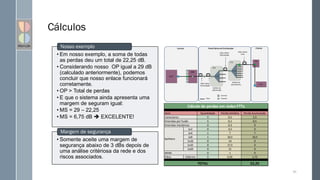 Cálculos
95
• Em nosso exemplo, a soma de todas
as perdas deu um total de 22,25 dB.
• Considerando nosso OP igual a 29 dB
(calculado anteriormente), podemos
concluir que nosso enlace funcionará
corretamente.
• OP > Total de perdas
• E que o sistema ainda apresenta uma
margem de seguram igual:
• MS = 29 – 22,25
• MS = 6,75 dB  EXCELENTE!
Nosso exemplo
• Somente aceite uma margem de
segurança abaixo de 3 dBs depois de
uma análise critériosa da rede e dos
riscos associados.
Margem de segurança
Quantidade Perda Unitária Perda Acumulada
5 0,5 2,5
5 0,1 0,5
0 0,3 0
1x2 0 3,5 0
1x4 1 7 7
1x8 1 10,5 10,5
1x16 0 14 0
1x32 0 17,5 0
1x64 0 21 0
0 1 0
Fibra 1310 nm 5 0,35 1,75
22,25
WDM
TOTAL
Cálculo de perdas em redes FTTx
Splitters
Item
Conectores
Emendas por fusão
Emendas mecânicas
 