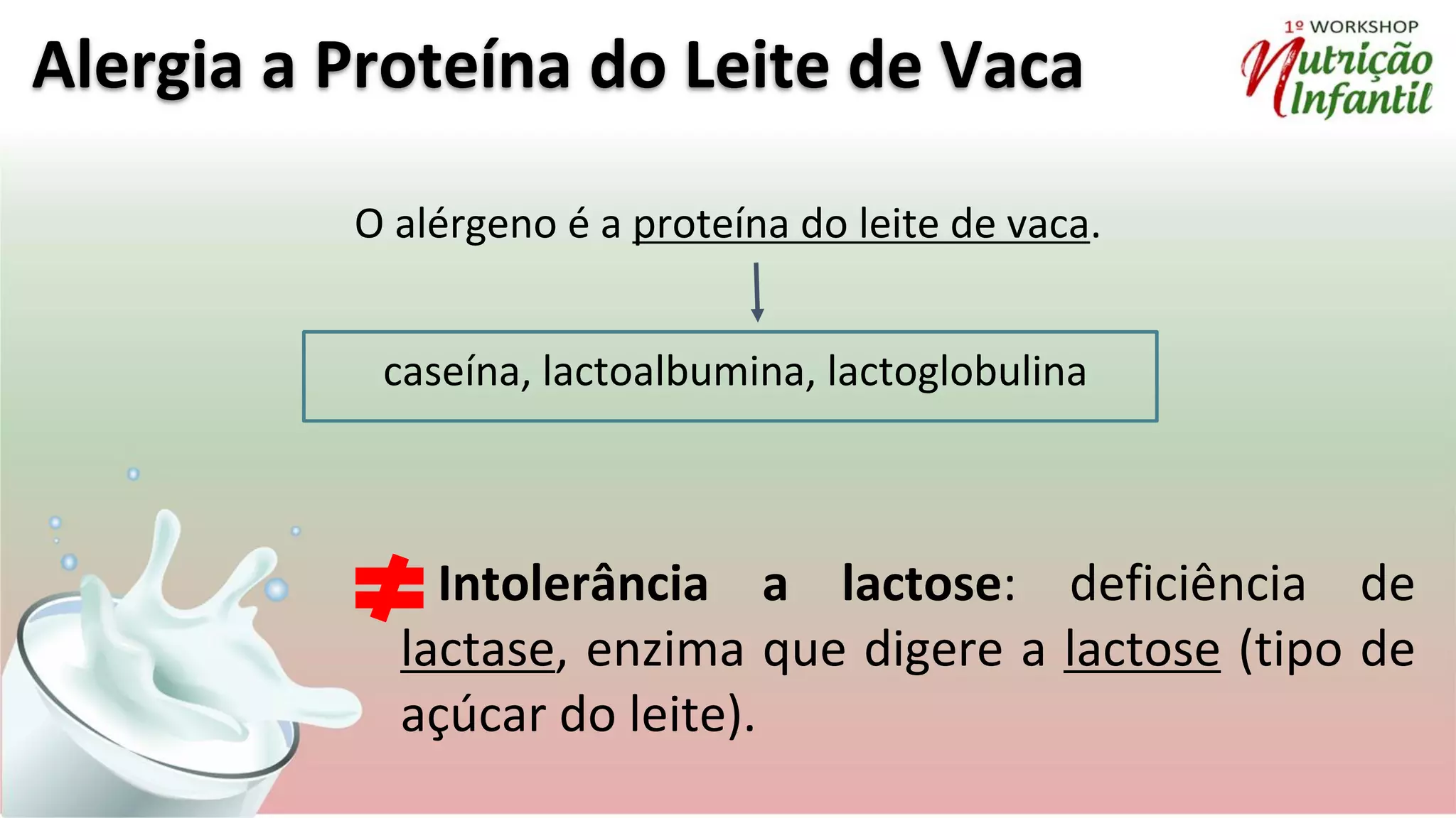 Alergia a Proteína do Leite de Vaca
O alérgeno é a proteína do leite de vaca.
Intolerância a lactose: deficiência de
lactase, enzima que digere a lactose (tipo de
açúcar do leite).
caseína, lactoalbumina, lactoglobulina
 