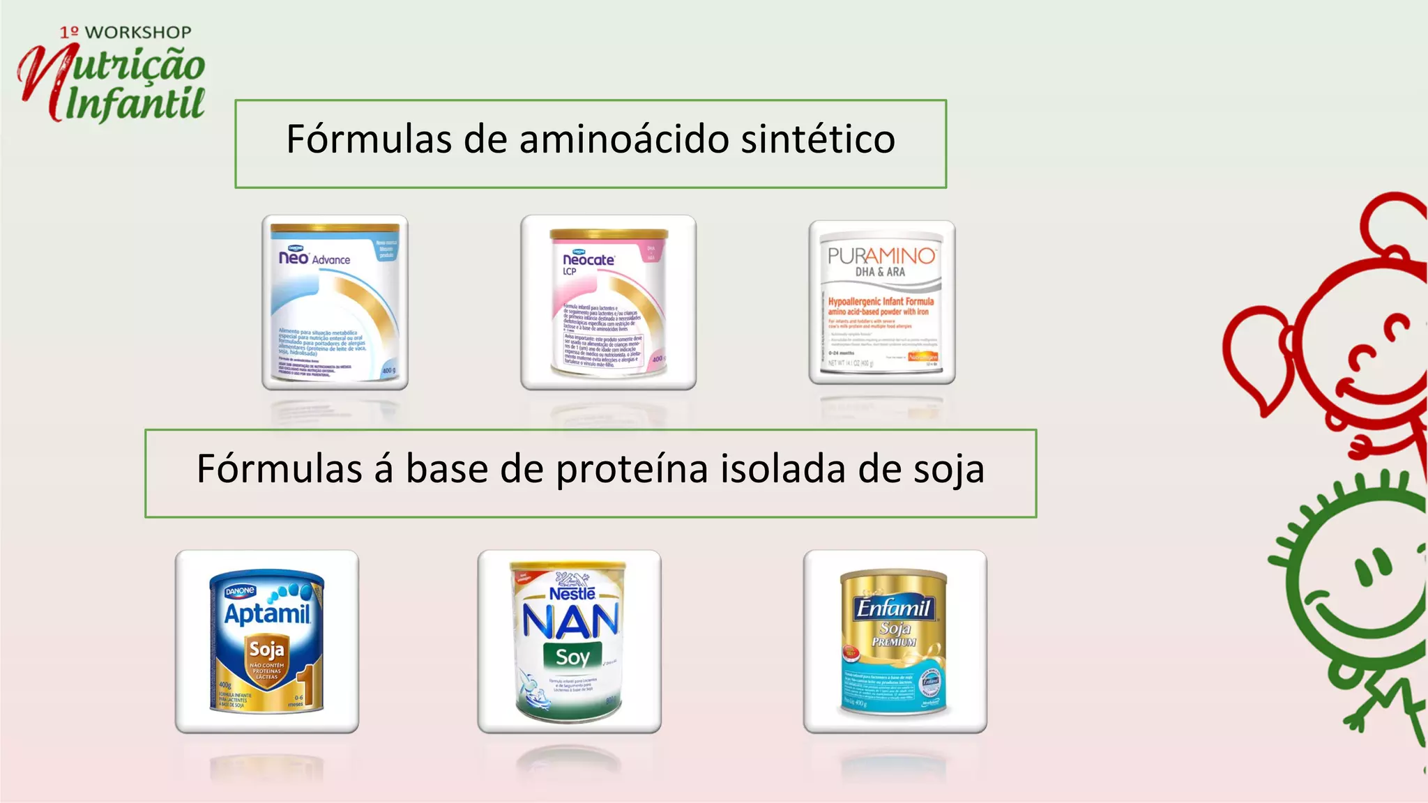 Fórmulas de aminoácido sintético
Fórmulas á base de proteína isolada de soja
 