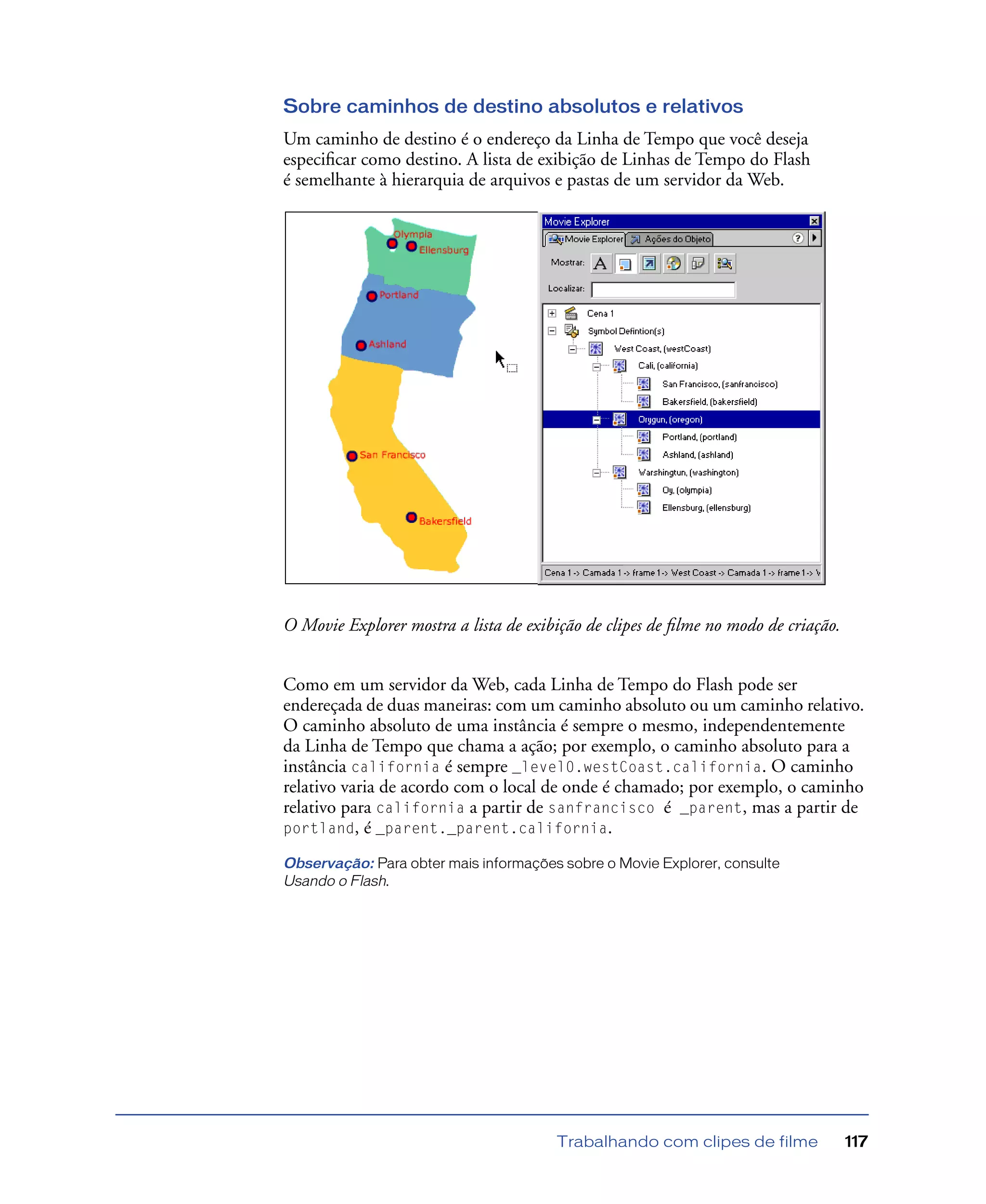 Trabalhando com clipes de filme 117
Sobre caminhos de destino absolutos e relativos
Um caminho de destino é o endereço da Linha de Tempo que você deseja
especiﬁcar como destino. A lista de exibição de Linhas de Tempo do Flash
é semelhante à hierarquia de arquivos e pastas de um servidor da Web.
O Movie Explorer mostra a lista de exibição de clipes de ﬁlme no modo de criação.
Como em um servidor da Web, cada Linha de Tempo do Flash pode ser
endereçada de duas maneiras: com um caminho absoluto ou um caminho relativo.
O caminho absoluto de uma instância é sempre o mesmo, independentemente
da Linha de Tempo que chama a ação; por exemplo, o caminho absoluto para a
instância california é sempre _level0.westCoast.california. O caminho
relativo varia de acordo com o local de onde é chamado; por exemplo, o caminho
relativo para california a partir de sanfrancisco é _parent, mas a partir de
portland, é _parent._parent.california.
Observação: Para obter mais informações sobre o Movie Explorer, consulte
Usando o Flash.
 