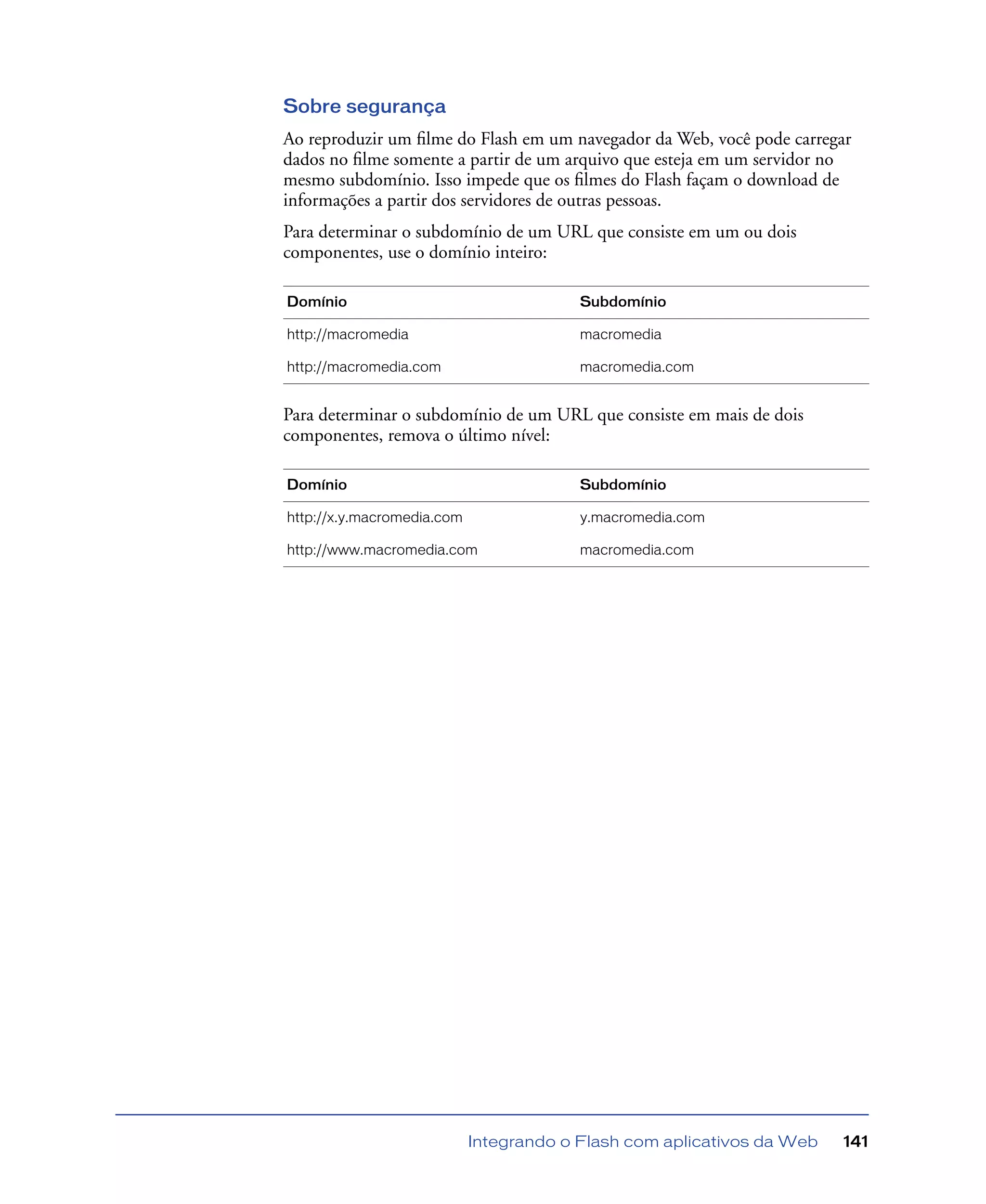 Integrando o Flash com aplicativos da Web 141
Sobre segurança
Ao reproduzir um ﬁlme do Flash em um navegador da Web, você pode carregar
dados no ﬁlme somente a partir de um arquivo que esteja em um servidor no
mesmo subdomínio. Isso impede que os ﬁlmes do Flash façam o download de
informações a partir dos servidores de outras pessoas.
Para determinar o subdomínio de um URL que consiste em um ou dois
componentes, use o domínio inteiro:
Para determinar o subdomínio de um URL que consiste em mais de dois
componentes, remova o último nível:
Domínio Subdomínio
http://macromedia macromedia
http://macromedia.com macromedia.com
Domínio Subdomínio
http://x.y.macromedia.com y.macromedia.com
http://www.macromedia.com macromedia.com
 