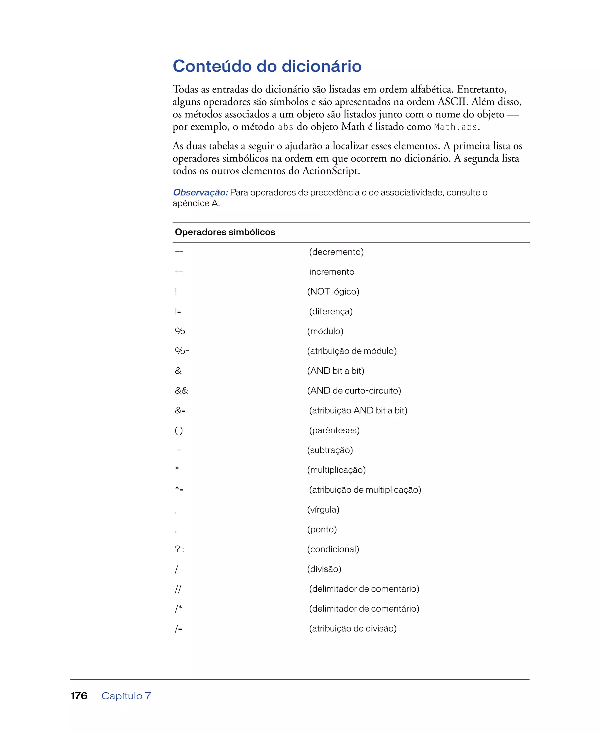 Capítulo 7176
Conteúdo do dicionário
Todas as entradas do dicionário são listadas em ordem alfabética. Entretanto,
alguns operadores são símbolos e são apresentados na ordem ASCII. Além disso,
os métodos associados a um objeto são listados junto com o nome do objeto —
por exemplo, o método abs do objeto Math é listado como Math.abs.
As duas tabelas a seguir o ajudarão a localizar esses elementos. A primeira lista os
operadores simbólicos na ordem em que ocorrem no dicionário. A segunda lista
todos os outros elementos do ActionScript.
Observação: Para operadores de precedência e de associatividade, consulte o
apêndice A.
Operadores simbólicos
–– (decremento)
++ incremento
! (NOT lógico)
!= (diferença)
% (módulo)
%= (atribuição de módulo)
& (AND bit a bit)
&& (AND de curto-circuito)
&= (atribuição AND bit a bit)
( ) (parênteses)
– (subtração)
* (multiplicação)
*= (atribuição de multiplicação)
, (vírgula)
. (ponto)
? : (condicional)
/ (divisão)
// (delimitador de comentário)
/* (delimitador de comentário)
/= (atribuição de divisão)
 