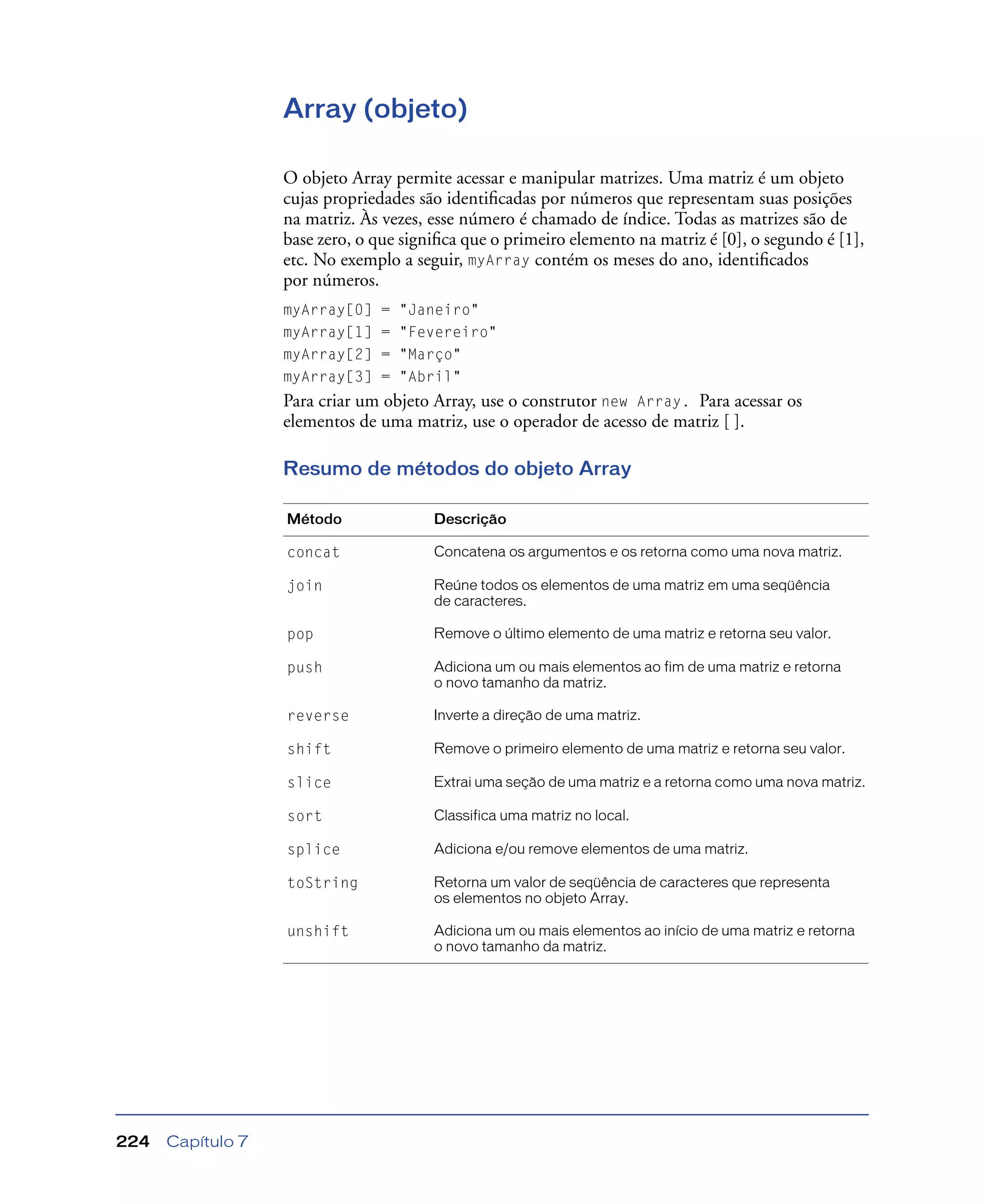 Capítulo 7224
Array (objeto)
O objeto Array permite acessar e manipular matrizes. Uma matriz é um objeto
cujas propriedades são identiﬁcadas por números que representam suas posições
na matriz. Às vezes, esse número é chamado de índice. Todas as matrizes são de
base zero, o que signiﬁca que o primeiro elemento na matriz é [0], o segundo é [1],
etc. No exemplo a seguir, myArray contém os meses do ano, identiﬁcados
por números.
myArray[0] = "Janeiro"
myArray[1] = "Fevereiro"
myArray[2] = "Março"
myArray[3] = "Abril"
Para criar um objeto Array, use o construtor new Array. Para acessar os
elementos de uma matriz, use o operador de acesso de matriz [ ].
Resumo de métodos do objeto Array
Método Descrição
concat Concatena os argumentos e os retorna como uma nova matriz.
join Reúne todos os elementos de uma matriz em uma seqüência
de caracteres.
pop Remove o último elemento de uma matriz e retorna seu valor.
push Adiciona um ou mais elementos ao fim de uma matriz e retorna
o novo tamanho da matriz.
reverse Inverte a direção de uma matriz.
shift Remove o primeiro elemento de uma matriz e retorna seu valor.
slice Extrai uma seção de uma matriz e a retorna como uma nova matriz.
sort Classifica uma matriz no local.
splice Adiciona e/ou remove elementos de uma matriz.
toString Retorna um valor de seqüência de caracteres que representa
os elementos no objeto Array.
unshift Adiciona um ou mais elementos ao início de uma matriz e retorna
o novo tamanho da matriz.
 