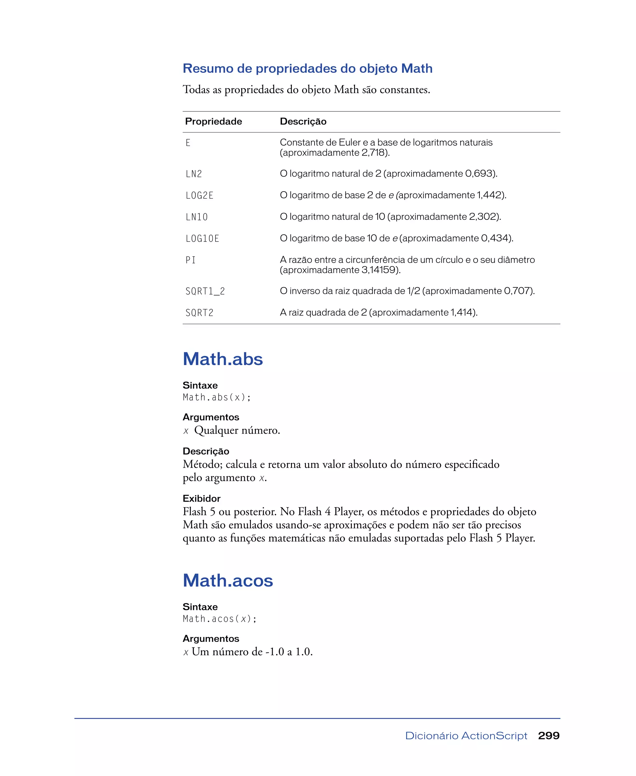 Dicionário ActionScript 299
Resumo de propriedades do objeto Math
Todas as propriedades do objeto Math são constantes.
Math.abs
Sintaxe
Math.abs(x);
Argumentos
x Qualquer número.
Descrição
Método; calcula e retorna um valor absoluto do número especiﬁcado
pelo argumento x.
Exibidor
Flash 5 ou posterior. No Flash 4 Player, os métodos e propriedades do objeto
Math são emulados usando-se aproximações e podem não ser tão precisos
quanto as funções matemáticas não emuladas suportadas pelo Flash 5 Player.
Math.acos
Sintaxe
Math.acos(x);
Argumentos
x Um número de -1.0 a 1.0.
Propriedade Descrição
E Constante de Euler e a base de logaritmos naturais
(aproximadamente 2,718).
LN2 O logaritmo natural de 2 (aproximadamente 0,693).
LOG2E O logaritmo de base 2 de e (aproximadamente 1,442).
LN10 O logaritmo natural de 10 (aproximadamente 2,302).
LOG10E O logaritmo de base 10 de e (aproximadamente 0,434).
PI A razão entre a circunferência de um círculo e o seu diâmetro
(aproximadamente 3,14159).
SQRT1_2 O inverso da raiz quadrada de 1/2 (aproximadamente 0,707).
SQRT2 A raiz quadrada de 2 (aproximadamente 1,414).
 