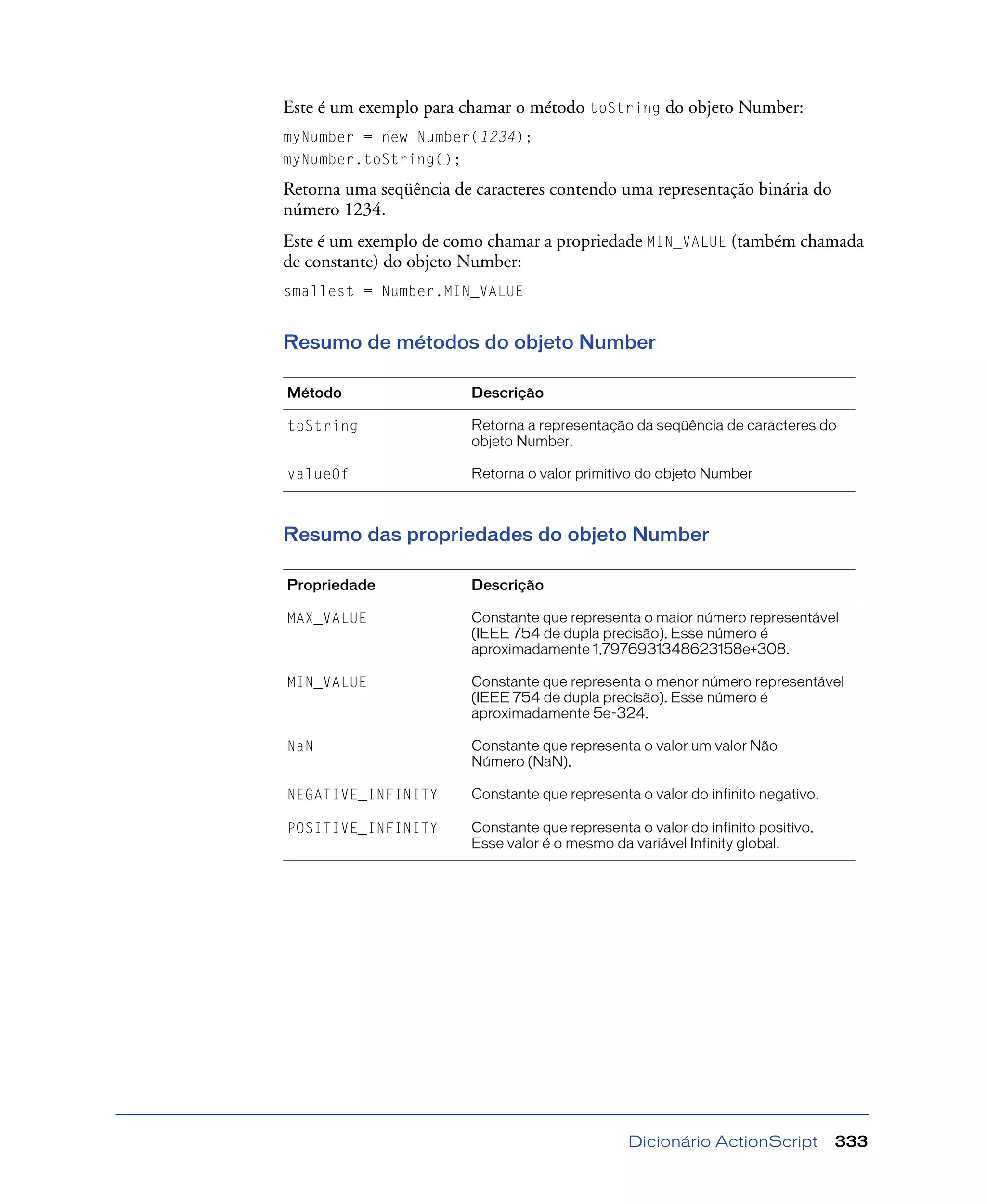 Dicionário ActionScript 333
Este é um exemplo para chamar o método toString do objeto Number:
myNumber = new Number(1234);
myNumber.toString();
Retorna uma seqüência de caracteres contendo uma representação binária do
número 1234.
Este é um exemplo de como chamar a propriedade MIN_VALUE (também chamada
de constante) do objeto Number:
smallest = Number.MIN_VALUE
Resumo de métodos do objeto Number
Resumo das propriedades do objeto Number
Método Descrição
toString Retorna a representação da seqüência de caracteres do
objeto Number.
valueOf Retorna o valor primitivo do objeto Number
Propriedade Descrição
MAX_VALUE Constante que representa o maior número representável
(IEEE 754 de dupla precisão). Esse número é
aproximadamente 1,7976931348623158e+308.
MIN_VALUE Constante que representa o menor número representável
(IEEE 754 de dupla precisão). Esse número é
aproximadamente 5e-324.
NaN Constante que representa o valor um valor Não
Número (NaN).
NEGATIVE_INFINITY Constante que representa o valor do infinito negativo.
POSITIVE_INFINITY Constante que representa o valor do infinito positivo.
Esse valor é o mesmo da variável Infinity global.
 