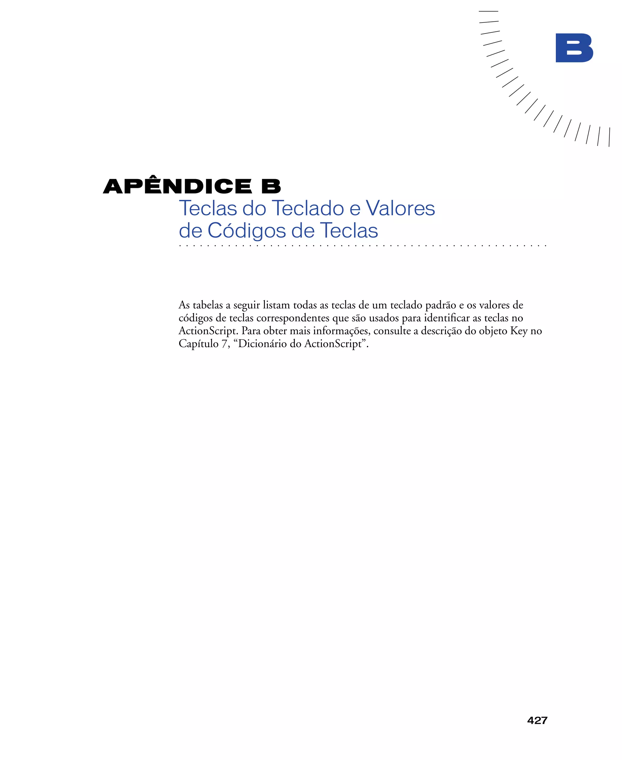 427
B
APÊNDICE B
Teclas do Teclado e Valores
. . . . . . . . . . . . . . . . . . . . . . . . . . . . . . . . . . . . . . . . . . . . . . . . . . . . . . . .. . . . . . . . . . . . . . . . . . . . . . . . . . . . . . . . . . . . . . . . . . . . . . . . . . . . .
de Códigos de Teclas
As tabelas a seguir listam todas as teclas de um teclado padrão e os valores de
códigos de teclas correspondentes que são usados para identiﬁcar as teclas no
ActionScript. Para obter mais informações, consulte a descrição do objeto Key no
Capítulo 7, “Dicionário do ActionScript”.
 