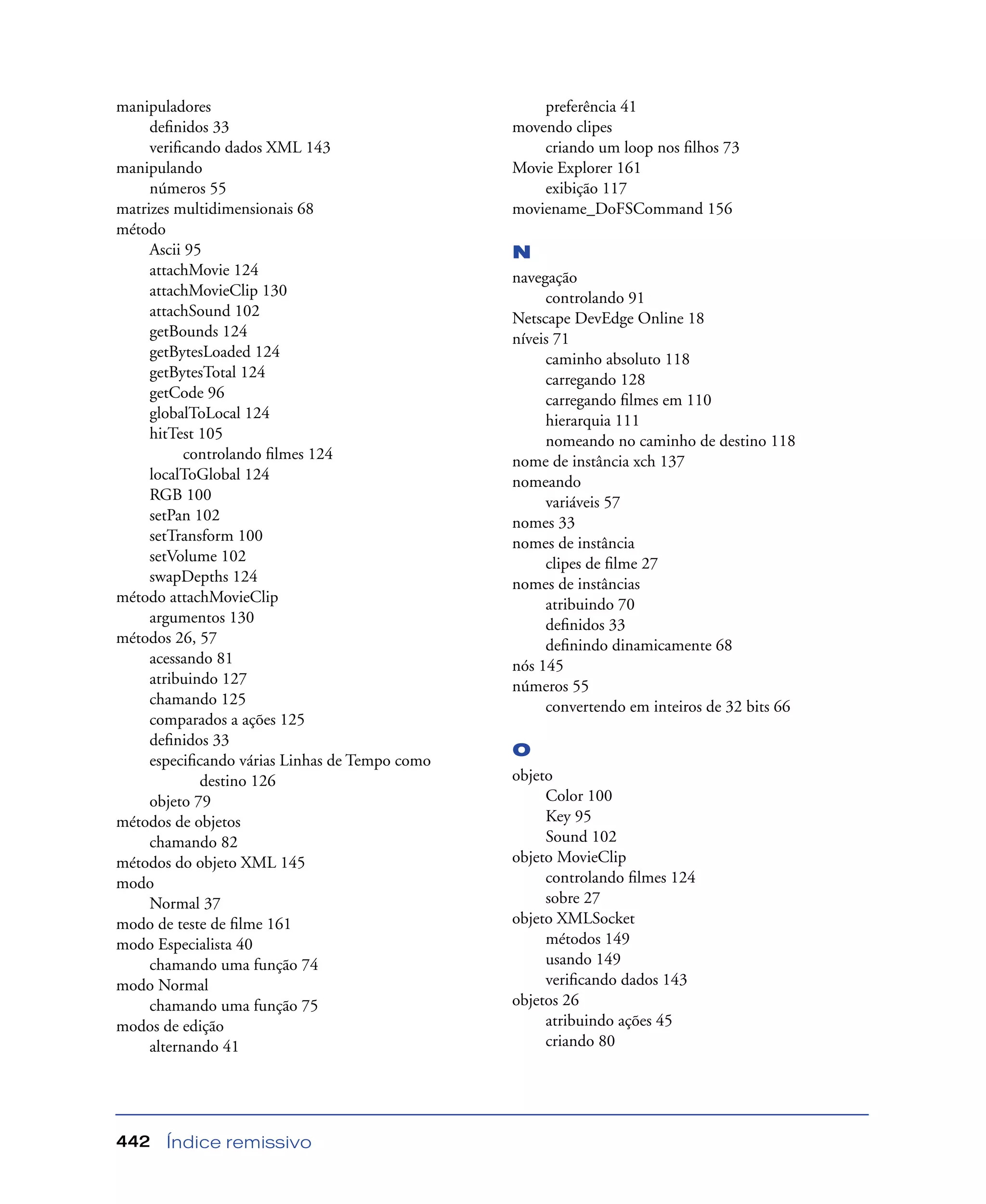 Índice remissivo442
manipuladores
deﬁnidos 33
veriﬁcando dados XML 143
manipulando
números 55
matrizes multidimensionais 68
método
Ascii 95
attachMovie 124
attachMovieClip 130
attachSound 102
getBounds 124
getBytesLoaded 124
getBytesTotal 124
getCode 96
globalToLocal 124
hitTest 105
controlando ﬁlmes 124
localToGlobal 124
RGB 100
setPan 102
setTransform 100
setVolume 102
swapDepths 124
método attachMovieClip
argumentos 130
métodos 26, 57
acessando 81
atribuindo 127
chamando 125
comparados a ações 125
deﬁnidos 33
especiﬁcando várias Linhas de Tempo como
destino 126
objeto 79
métodos de objetos
chamando 82
métodos do objeto XML 145
modo
Normal 37
modo de teste de ﬁlme 161
modo Especialista 40
chamando uma função 74
modo Normal
chamando uma função 75
modos de edição
alternando 41
preferência 41
movendo clipes
criando um loop nos ﬁlhos 73
Movie Explorer 161
exibição 117
moviename_DoFSCommand 156
N
navegação
controlando 91
Netscape DevEdge Online 18
níveis 71
caminho absoluto 118
carregando 128
carregando ﬁlmes em 110
hierarquia 111
nomeando no caminho de destino 118
nome de instância xch 137
nomeando
variáveis 57
nomes 33
nomes de instância
clipes de ﬁlme 27
nomes de instâncias
atribuindo 70
deﬁnidos 33
deﬁnindo dinamicamente 68
nós 145
números 55
convertendo em inteiros de 32 bits 66
O
objeto
Color 100
Key 95
Sound 102
objeto MovieClip
controlando ﬁlmes 124
sobre 27
objeto XMLSocket
métodos 149
usando 149
veriﬁcando dados 143
objetos 26
atribuindo ações 45
criando 80
 