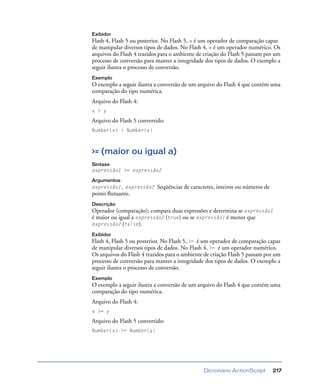 Dicionário ActionScript 217
Exibidor
Flash 4, Flash 5 ou posterior. No Flash 5, > é um operador de comparação capaz
de manipular diversos tipos de dados. No Flash 4, > é um operador numérico. Os
arquivos do Flash 4 trazidos para o ambiente de criação do Flash 5 passam por um
processo de conversão para manter a integridade dos tipos de dados. O exemplo a
seguir ilustra o processo de conversão.
Exemplo
O exemplo a seguir ilustra a conversão de um arquivo do Flash 4 que contém uma
comparação do tipo numérica.
Arquivo do Flash 4:
x > y
Arquivo do Flash 5 convertido:
Number(x) > Number(y)
>= (maior ou igual a)
Sintaxe
expressão1 >= expressão2
Argumentos
expressão1, expressão2 Seqüências de caracteres, inteiros ou números de
ponto ﬂutuante.
Descrição
Operador (comparação); compara duas expressões e determina se expressão1
é maior ou igual a expressão2 (true) ou se expressão1 é menor que
expressão2 (false).
Exibidor
Flash 4, Flash 5 ou posterior. No Flash 5, >= é um operador de comparação capaz
de manipular diversos tipos de dados. No Flash 4, >= é um operador numérico.
Os arquivos do Flash 4 trazidos para o ambiente de criação Flash 5 passam por um
processo de conversão para manter a integridade dos tipos de dados. O exemplo a
seguir ilustra o processo de conversão.
Exemplo
O exemplo a seguir ilustra a conversão de um arquivo do Flash 4 que contém uma
comparação do tipo numérica.
Arquivo do Flash 4:
x >= y
Arquivo do Flash 5 convertido:
Number(x) >= Number(y)
 