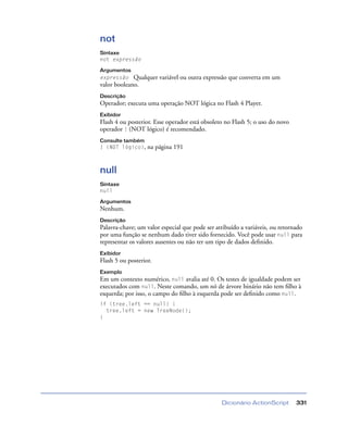 Dicionário ActionScript 331
not
Sintaxe
not expressão
Argumentos
expressão Qualquer variável ou outra expressão que converta em um
valor booleano.
Descrição
Operador; executa uma operação NOT lógica no Flash 4 Player.
Exibidor
Flash 4 ou posterior. Esse operador está obsoleto no Flash 5; o uso do novo
operador ! (NOT lógico) é recomendado.
Consulte também
! (NOT lógico), na página 191
null
Sintaxe
null
Argumentos
Nenhum.
Descrição
Palavra-chave; um valor especial que pode ser atribuído a variáveis, ou retornado
por uma função se nenhum dado tiver sido fornecido. Você pode usar null para
representar os valores ausentes ou não ter um tipo de dados deﬁnido.
Exibidor
Flash 5 ou posterior.
Exemplo
Em um contexto numérico, null avalia até 0. Os testes de igualdade podem ser
executados com null. Neste comando, um nó de árvore binário não tem ﬁlho à
esquerda; por isso, o campo do ﬁlho à esquerda pode ser deﬁnido como null.
if (tree.left == null) {
tree.left = new TreeNode();
}
 