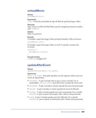Dicionário ActionScript 387
unloadMovie
Sintaxe
unloadMovie(local);
Argumentos
local O nível de intensidade do clipe de ﬁlme do qual descarregar o ﬁlme.
Descrição
Ação; remove um ﬁlme do Flash Player que foi carregado previamente usando a
ação loadMovie.
Exibidor
Flash 3 ou posterior.
Exemplo
O exemplo a seguir descarrega o ﬁlme principal, deixando o Palco em branco.
unloadMovie(_root);
O exemplo a seguir descarrega o ﬁlme no nível 15, quando o usuário clica
no mouse.
on(press) {
unloadMovie(_level15);
}
Consulte também
loadMovie, na página 294
updateAfterEvent
Sintaxe
updateAfterEvent(movie clip event);
Argumentos
movie clip event Você pode especiﬁcar um dos seguintes valores como um
evento de clipe de ﬁlme:
• mouseMove A ação é iniciada toda vez que o mouse é movido. Use as
propriedades _xmouse e _ymouse para determinar a posição do mouse atual.
• mouseDown A ação é iniciada se o botão esquerdo do mouse for pressionado.
• mouseUp A ação é iniciada se o botão esquerdo do mouse for liberado.
• keyDown A ação é iniciada quando uma tecla é pressionada. Use o método
Key.getCode para recuperar informações sobre a última tecla pressionada.
• keyUp A ação é iniciada quando uma tecla é liberada. Use o método
key.getCode para recuperar as informações sobre a última tecla pressionada.
 