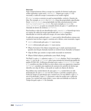 Capítulo 7392
Descrição
Ação; temporariamente altera o escopo (ou caminho de destino) usado para
avaliar expressões e ações no(s) comando(s). Depois que a ação with for
executada, a cadeia do escopo é restaurada ao seu estado original.
O object se torna o contexto no qual as propriedades, variáveis e funções são
lidas. Por exemplo, se objeto for myArray, e duas das propriedades especiﬁcadas
forem length e concat, essas propriedades são lidas automaticamente como
myArray.length e myArray.concat. Em outro exemplo, se objeto for
state.california, as ações ou comandos dentro da ação with poderiam ser
chamadas de dentro da instância california.
Para localizar o valor de um identiﬁcador no(s) comando(s), o ActionScript inicia
no começo da cadeia do escopo especiﬁcado pelo objeto e pesquisa o
identiﬁcador no nível da cadeia do escopo, em uma ordem especíﬁca.
A cadeia do escopo usada pela ação with para resolver identiﬁcadores começa com
o primeiro item na lista a seguir e continua até o último, como mostrado a seguir:
• objeto referenciado pela ação with mais interna
• objeto referenciado pela ação with mais externa
• Objeto Activation (Um objeto temporário que é criado automaticamente
quando uma função chamada mantém as variáveis locais chamadas na função.)
• Clipe de ﬁlme que contém o script sendo executado no momento
• Objeto Global (objetos predeﬁnidos como Math, String)
No Flash 5 a ação with substitui a ação tellTarget obsoleta. Você é encorajado a
usar with em vez de tellTarget, pois é uma extensão do ActionScript padrão do
padrão ECMA 262. A diferença principal entre a ação with e tellTarget é que
with considera um clipe de ﬁlme ou outro objeto como seu argumento, enquanto
tellTarget considera uma seqüência de caracteres de caminho de destino que
identiﬁca um clipe de ﬁlme, e não pode ser usado em objetos de destino.
Para deﬁnir uma variável dentro de uma ação with, a variável deve ter sido
declarada fora da ação with, ou você deve inserir o caminho completo para a
Linha de Tempo na qual desejar que a variável viva. Se você deﬁnir a ação with
sem tê-la declarado, a ação with procurará o valor de acordo com a cadeia do
escopo. Se a variável não existir ainda, o novo valor será deﬁnido na Linha de
Tempo da qual a ação with foi chamada.
 