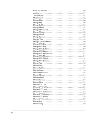 8
Color.setTransform . . . . . . . . . . . . . . . . . . . . . . . . . . . . . . . . . . . . . . .239
continue . . . . . . . . . . . . . . . . . . . . . . . . . . . . . . . . . . . . . . . . . . . . . . .241
_currentframe . . . . . . . . . . . . . . . . . . . . . . . . . . . . . . . . . . . . . . . . . . .242
Date (objeto). . . . . . . . . . . . . . . . . . . . . . . . . . . . . . . . . . . . . . . . . . . .242
Date.getDate. . . . . . . . . . . . . . . . . . . . . . . . . . . . . . . . . . . . . . . . . . . .246
Date.getDay . . . . . . . . . . . . . . . . . . . . . . . . . . . . . . . . . . . . . . . . . . . .246
Date.getFullYear . . . . . . . . . . . . . . . . . . . . . . . . . . . . . . . . . . . . . . . . .246
Date.getHours. . . . . . . . . . . . . . . . . . . . . . . . . . . . . . . . . . . . . . . . . . .247
Date.getMilliseconds. . . . . . . . . . . . . . . . . . . . . . . . . . . . . . . . . . . . . .247
Date.getMinutes . . . . . . . . . . . . . . . . . . . . . . . . . . . . . . . . . . . . . . . . .248
Date.getMonth . . . . . . . . . . . . . . . . . . . . . . . . . . . . . . . . . . . . . . . . . .248
Date.getSeconds . . . . . . . . . . . . . . . . . . . . . . . . . . . . . . . . . . . . . . . . .248
Date.getTime . . . . . . . . . . . . . . . . . . . . . . . . . . . . . . . . . . . . . . . . . . .249
Date.getTimezoneOffset . . . . . . . . . . . . . . . . . . . . . . . . . . . . . . . . . . .249
Date.getUTCDate . . . . . . . . . . . . . . . . . . . . . . . . . . . . . . . . . . . . . . .250
Date.getUTCDay . . . . . . . . . . . . . . . . . . . . . . . . . . . . . . . . . . . . . . . .250
Date.getUTCFullYear . . . . . . . . . . . . . . . . . . . . . . . . . . . . . . . . . . . . .250
Date.getUTCHours . . . . . . . . . . . . . . . . . . . . . . . . . . . . . . . . . . . . . .251
Date.getUTCMilliseconds . . . . . . . . . . . . . . . . . . . . . . . . . . . . . . . . .251
Date.getUTCMinutes. . . . . . . . . . . . . . . . . . . . . . . . . . . . . . . . . . . . .251
Date.getUTCMonth. . . . . . . . . . . . . . . . . . . . . . . . . . . . . . . . . . . . . .252
Date.getUTCSeconds . . . . . . . . . . . . . . . . . . . . . . . . . . . . . . . . . . . . .252
Date.getYear . . . . . . . . . . . . . . . . . . . . . . . . . . . . . . . . . . . . . . . . . . . .252
Date.setDate . . . . . . . . . . . . . . . . . . . . . . . . . . . . . . . . . . . . . . . . . . . .253
Date.setFullYear . . . . . . . . . . . . . . . . . . . . . . . . . . . . . . . . . . . . . . . . .253
Date.setHours. . . . . . . . . . . . . . . . . . . . . . . . . . . . . . . . . . . . . . . . . . .254
Date.setMilliseconds . . . . . . . . . . . . . . . . . . . . . . . . . . . . . . . . . . . . . .254
Date.setMinutes . . . . . . . . . . . . . . . . . . . . . . . . . . . . . . . . . . . . . . . . .254
Date.setMonth . . . . . . . . . . . . . . . . . . . . . . . . . . . . . . . . . . . . . . . . . .255
Date.setSeconds . . . . . . . . . . . . . . . . . . . . . . . . . . . . . . . . . . . . . . . . .255
Date.setTime. . . . . . . . . . . . . . . . . . . . . . . . . . . . . . . . . . . . . . . . . . . .255
Date.setUTCDate. . . . . . . . . . . . . . . . . . . . . . . . . . . . . . . . . . . . . . . .256
Date.setUTCFullYear . . . . . . . . . . . . . . . . . . . . . . . . . . . . . . . . . . . . .256
Date.setUTCHours. . . . . . . . . . . . . . . . . . . . . . . . . . . . . . . . . . . . . . .257
Date.setUTCMilliseconds. . . . . . . . . . . . . . . . . . . . . . . . . . . . . . . . . .257
Date.setUTCMinutes . . . . . . . . . . . . . . . . . . . . . . . . . . . . . . . . . . . . .257
Date.setUTCMonth . . . . . . . . . . . . . . . . . . . . . . . . . . . . . . . . . . . . . .258
Date.setUTCSeconds . . . . . . . . . . . . . . . . . . . . . . . . . . . . . . . . . . . . .258
Date.setYear . . . . . . . . . . . . . . . . . . . . . . . . . . . . . . . . . . . . . . . . . . . .259
Date.toString . . . . . . . . . . . . . . . . . . . . . . . . . . . . . . . . . . . . . . . . . . .259
 