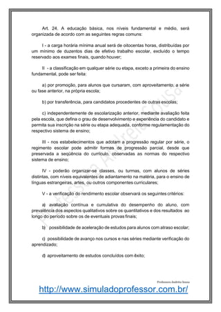 http://www.simuladoprofessor.com.br/
Art. 24. A educação básica, nos níveis fundamental e médio, será
organizada de acordo com as seguintes regras comuns:
I - a carga horária mínima anual será de oitocentas horas, distribuídas por
um mínimo de duzentos dias de efetivo trabalho escolar, excluído o tempo
reservado aos exames finais, quando houver;
II - a classificação em qualquer série ou etapa, exceto a primeira do ensino
fundamental, pode ser feita:
a) por promoção, para alunos que cursaram, com aproveitamento, a série
ou fase anterior, na própria escola;
b) por transferência, para candidatos procedentes de outras escolas;
c) independentemente de escolarização anterior, mediante avaliação feita
pela escola, que defina o grau de desenvolvimento e experiência do candidato e
permita sua inscrição na série ou etapa adequada, conforme regulamentação do
respectivo sistema de ensino;
III - nos estabelecimentos que adotam a progressão regular por série, o
regimento escolar pode admitir formas de progressão parcial, desde que
preservada a seqüência do currículo, observadas as normas do respectivo
sistema de ensino;
IV - poderão organizar-se classes, ou turmas, com alunos de séries
distintas, com níveis equivalentes de adiantamento na matéria, para o ensino de
línguas estrangeiras, artes, ou outros componentes curriculares;
V - a verificação do rendimento escolar observará os seguintes critérios:
a) avaliação contínua e cumulativa do desempenho do aluno, com
prevalência dos aspectos qualitativos sobre os quantitativos e dos resultados ao
longo do período sobre os de eventuais provas finais;
b) possibilidade de aceleração de estudos para alunos com atraso escolar;
c) possibilidade de avanço nos cursos e nas séries mediante verificação do
aprendizado;
d) aproveitamento de estudos concluídos com êxito;
Professora Andréia Sousa
 