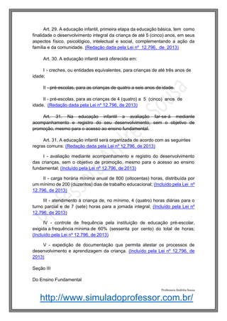 http://www.simuladoprofessor.com.br/
Art. 29. A educação infantil, primeira etapa da educação básica, tem como
finalidade o desenvolvimento integral da criança de até 5 (cinco) anos, em seus
aspectos físico, psicológico, intelectual e social, complementando a ação da
família e da comunidade. (Redação dada pela Lei nº 12.796, de 2013)
Art. 30. A educação infantil será oferecida em:
I - creches, ou entidades equivalentes, para crianças de até três anos de
idade;
II - pré-escolas, para as crianças de quatro a seis anos de idade.
II - pré-escolas, para as crianças de 4 (quatro) a 5 (cinco) anos de
idade. (Redação dada pela Lei nº 12.796, de 2013)
Art. 31. Na educação infantil a avaliação far-se-á mediante
acompanhamento e registro do seu desenvolvimento, sem o objetivo de
promoção, mesmo para o acesso ao ensino fundamental.
Art. 31. A educação infantil será organizada de acordo com as seguintes
regras comuns: (Redação dada pela Lei nº 12.796, de 2013)
I - avaliação mediante acompanhamento e registro do desenvolvimento
das crianças, sem o objetivo de promoção, mesmo para o acesso ao ensino
fundamental; (Incluído pela Lei nº 12.796, de 2013)
II - carga horária mínima anual de 800 (oitocentas) horas, distribuída por
um mínimo de 200 (duzentos) dias de trabalho educacional; (Incluído pela Lei nº
12.796, de 2013)
III - atendimento à criança de, no mínimo, 4 (quatro) horas diárias para o
turno parcial e de 7 (sete) horas para a jornada integral; (Incluído pela Lei nº
12.796, de 2013)
IV - controle de frequência pela instituição de educação pré-escolar,
exigida a frequência mínima de 60% (sessenta por cento) do total de horas;
(Incluído pela Lei nº 12.796, de 2013)
V - expedição de documentação que permita atestar os processos de
desenvolvimento e aprendizagem da criança. (Incluído pela Lei nº 12.796, de
2013)
Seção III
Do Ensino Fundamental
Professora Andréia Sousa
 