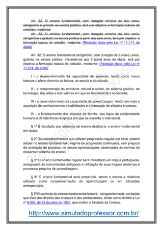 http://www.simuladoprofessor.com.br/
Art. 32. O ensino fundamental, com duração mínima de oito anos,
obrigatório e gratuito na escola pública, terá por objetivo a formação básica do
cidadão, mediante:
Art. 32. O ensino fundamental, com duração mínima de oito anos,
obrigatório e gratuito na escola pública a partir dos seis anos, terá por objetivo a
formação básica do cidadão mediante: (Redação dada pela Lei nº 11.114, de
2005)
Art. 32. O ensino fundamental obrigatório, com duração de 9 (nove) anos,
gratuito na escola pública, iniciando-se aos 6 (seis) anos de idade, terá por
objetivo a formação básica do cidadão, mediante: (Redação dada pela Lei nº
11.274, de 2006)
I - o desenvolvimento da capacidade de aprender, tendo como meios
básicos o pleno domínio da leitura, da escrita e do cálculo;
II - a compreensão do ambiente natural e social, do sistema político, da
tecnologia, das artes e dos valores em que se fundamenta a sociedade;
III - o desenvolvimento da capacidade de aprendizagem, tendo em vista a
aquisição de conhecimentos e habilidades e a formação de atitudes e valores;
IV - o fortalecimento dos vínculos de família, dos laços de solidariedade
humana e de tolerância recíproca em que se assenta a vida social.
§ 1º É facultado aos sistemas de ensino desdobrar o ensino fundamental
em ciclos.
§ 2º Os estabelecimentos que utilizam progressão regular por série podem
adotar no ensino fundamental o regime de progressão continuada, sem prejuízo
da avaliação do processo de ensino-aprendizagem, observadas as normas do
respectivo sistema de ensino.
§ 3º O ensino fundamental regular será ministrado em língua portuguesa,
assegurada às comunidades indígenas a utilização de suas línguas maternas e
processos próprios de aprendizagem.
§ 4º O ensino fundamental será presencial, sendo o ensino a distância
utilizado como complementação da aprendizagem ou em situações
emergenciais.
§ 5o
O currículo do ensino fundamental incluirá, obrigatoriamente, conteúdo
que trate dos direitos das crianças e dos adolescentes, tendo como diretriz a Lei
no
8.069, de 13 de julho de 1990, que institui o Estatuto da Criança
 