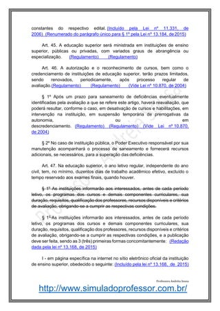 http://www.simuladoprofessor.com.br/
constantes do respectivo edital. (Incluído pela Lei nº 11.331, de
2006) (Renumerado do parágrafo único para § 1º pela Lei nº 13.184, de 2015)
Art. 45. A educação superior será ministrada em instituições de ensino
superior, públicas ou privadas, com variados graus de abrangência ou
especialização. (Regulamento) (Regulamento)
Art. 46. A autorização e o reconhecimento de cursos, bem como o
credenciamento de instituições de educação superior, terão prazos limitados,
sendo renovados, periodicamente, após processo regular de
avaliação.(Regulamento) (Regulamento) (Vide Lei nº 10.870, de 2004)
§ 1º Após um prazo para saneamento de deficiências eventualmente
identificadas pela avaliação a que se refere este artigo, haverá reavaliação, que
poderá resultar, conforme o caso, em desativação de cursos e habilitações, em
intervenção na instituição, em suspensão temporária de prerrogativas da
autonomia, ou em
descredenciamento. (Regulamento) (Regulamento) (Vide Lei nº 10.870,
de 2004)
§ 2º No caso de instituição pública, o Poder Executivo responsável por sua
manutenção acompanhará o processo de saneamento e fornecerá recursos
adicionais, se necessários, para a superação das deficiências.
Art. 47. Na educação superior, o ano letivo regular, independente do ano
civil, tem, no mínimo, duzentos dias de trabalho acadêmico efetivo, excluído o
tempo reservado aos exames finais, quando houver.
§ 1º As instituições informarão aos interessados, antes de cada período
letivo, os programas dos cursos e demais componentes curriculares, sua
duração, requisitos, qualificação dos professores, recursos disponíveis e critérios
de avaliação, obrigando-se a cumprir as respectivas condições.
§ 1o
As instituições informarão aos interessados, antes de cada período
letivo, os programas dos cursos e demais componentes curriculares, sua
duração, requisitos, qualificação dos professores, recursos disponíveis e critérios
de avaliação, obrigando-se a cumprir as respectivas condições, e a publicação
deve ser feita, sendo as 3 (três) primeiras formas concomitantemente: (Redação
dada pela lei nº 13.168, de 2015)
I - em página específica na internet no sítio eletrônico oficial da instituição
de ensino superior, obedecido o seguinte: (Incluído pela lei nº 13.168, de 2015)
Professora Andréia Sousa
 